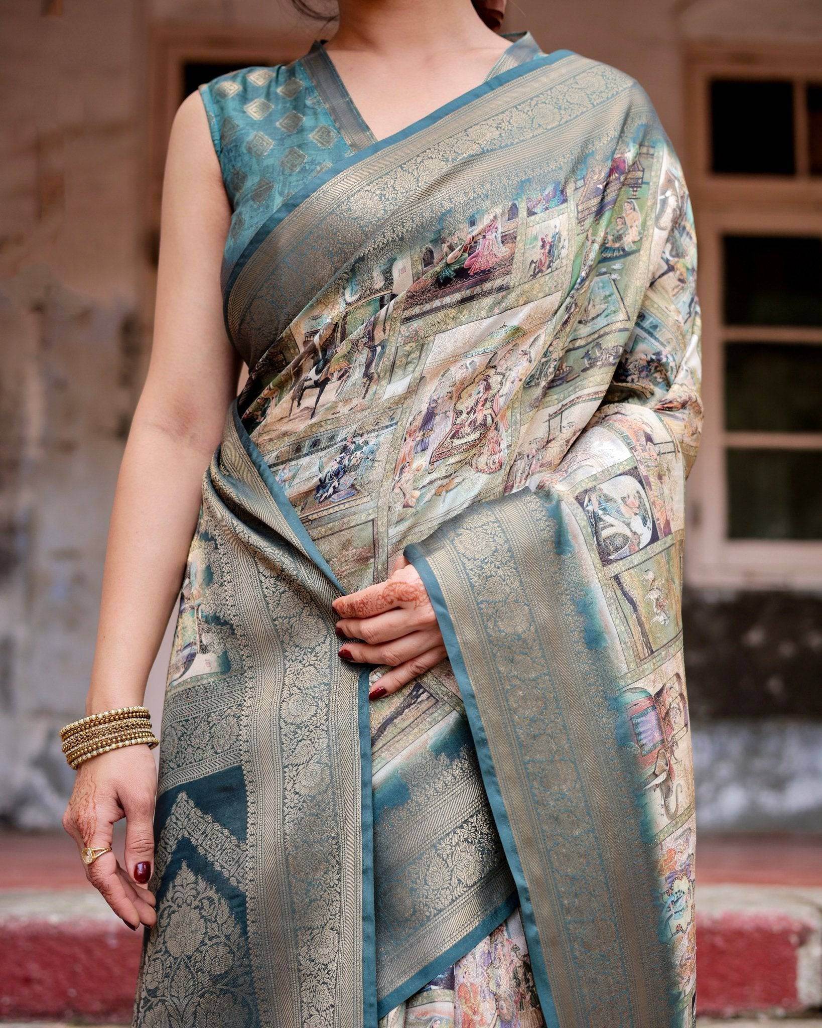 Graceful Teal Banarasi Silk Saree with Digital Vintage Prints and Zari Weaving - SEEANS