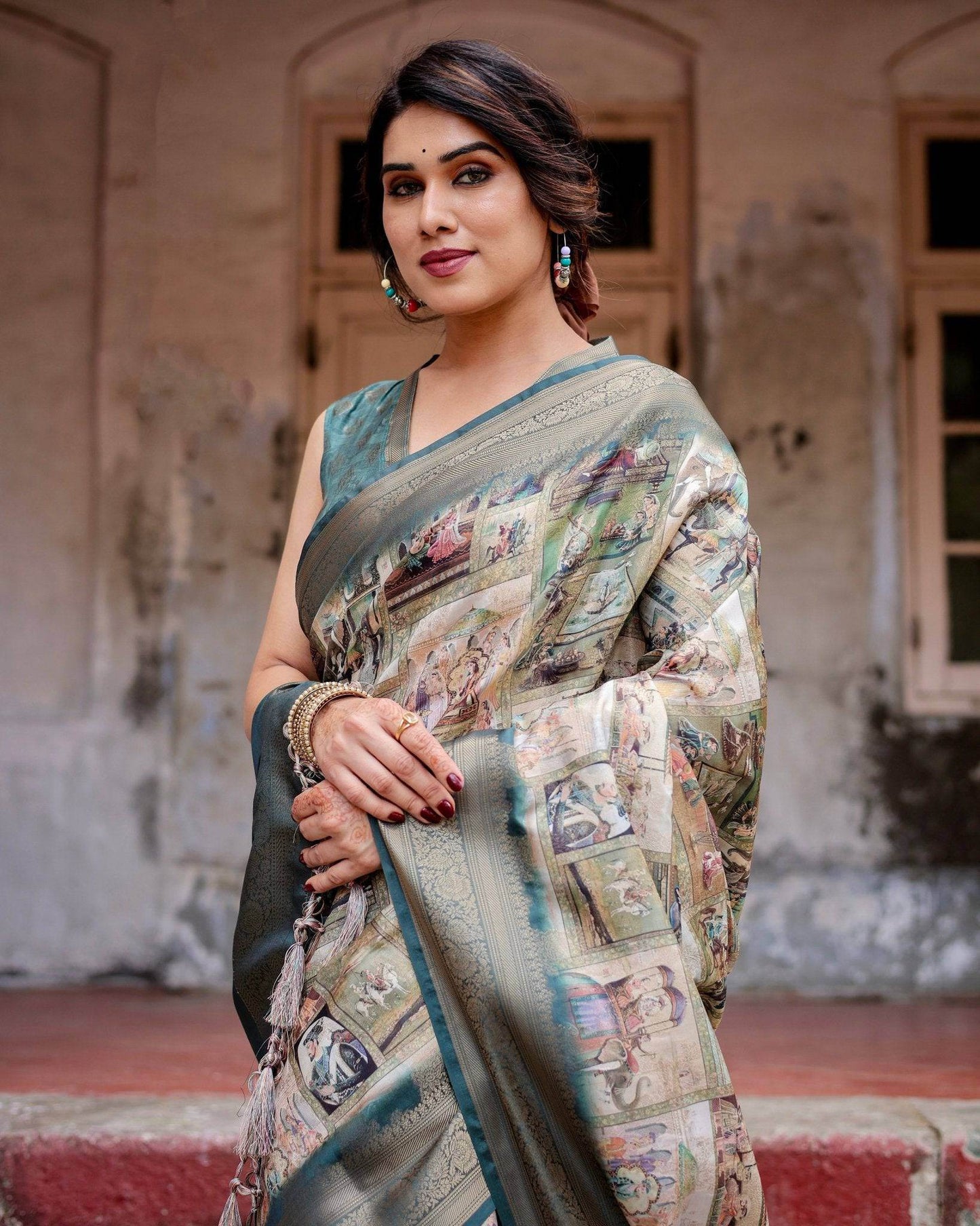 Graceful Teal Banarasi Silk Saree with Digital Vintage Prints and Zari Weaving - SEEANS