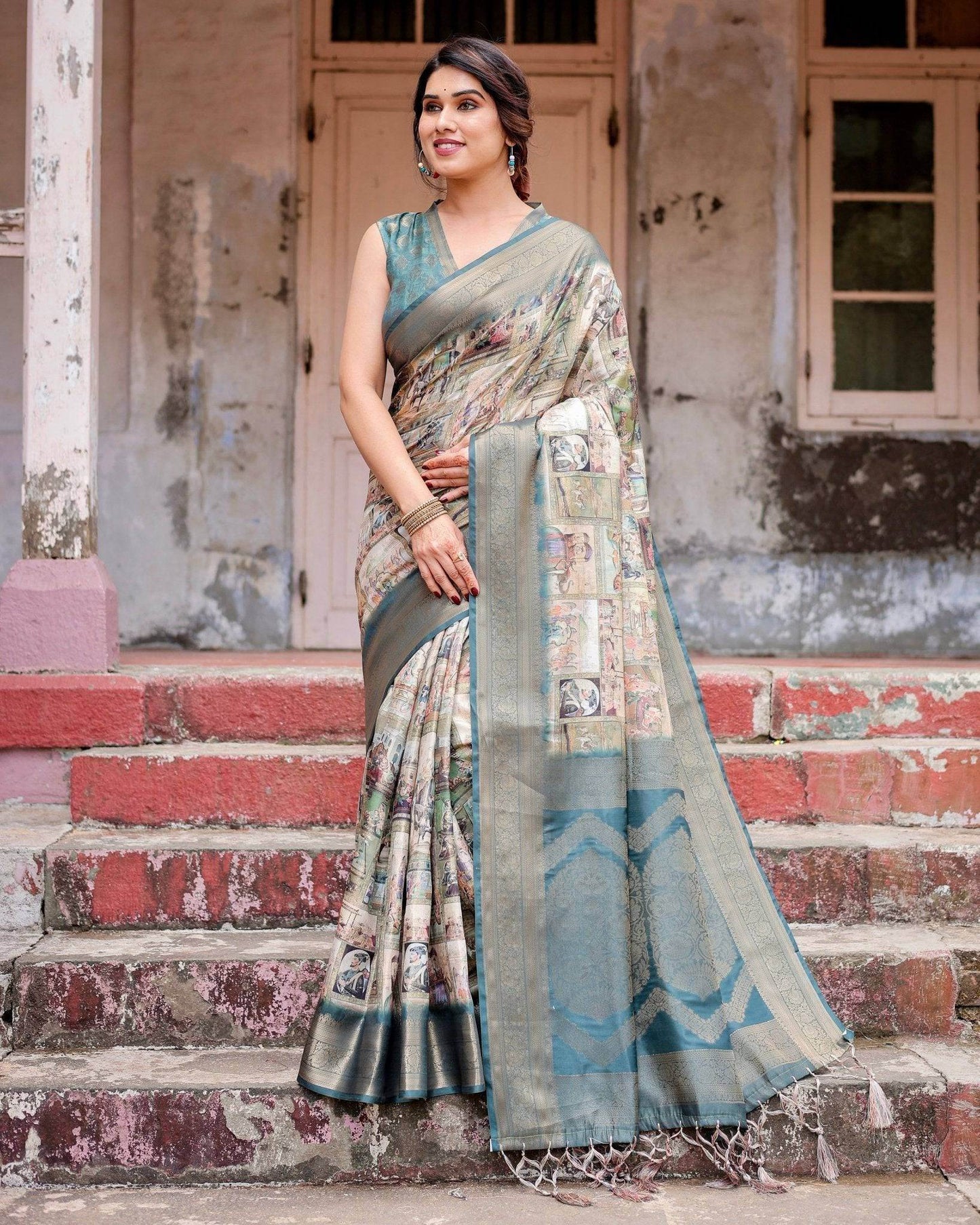 Graceful Teal Banarasi Silk Saree with Digital Vintage Prints and Zari Weaving - SEEANS