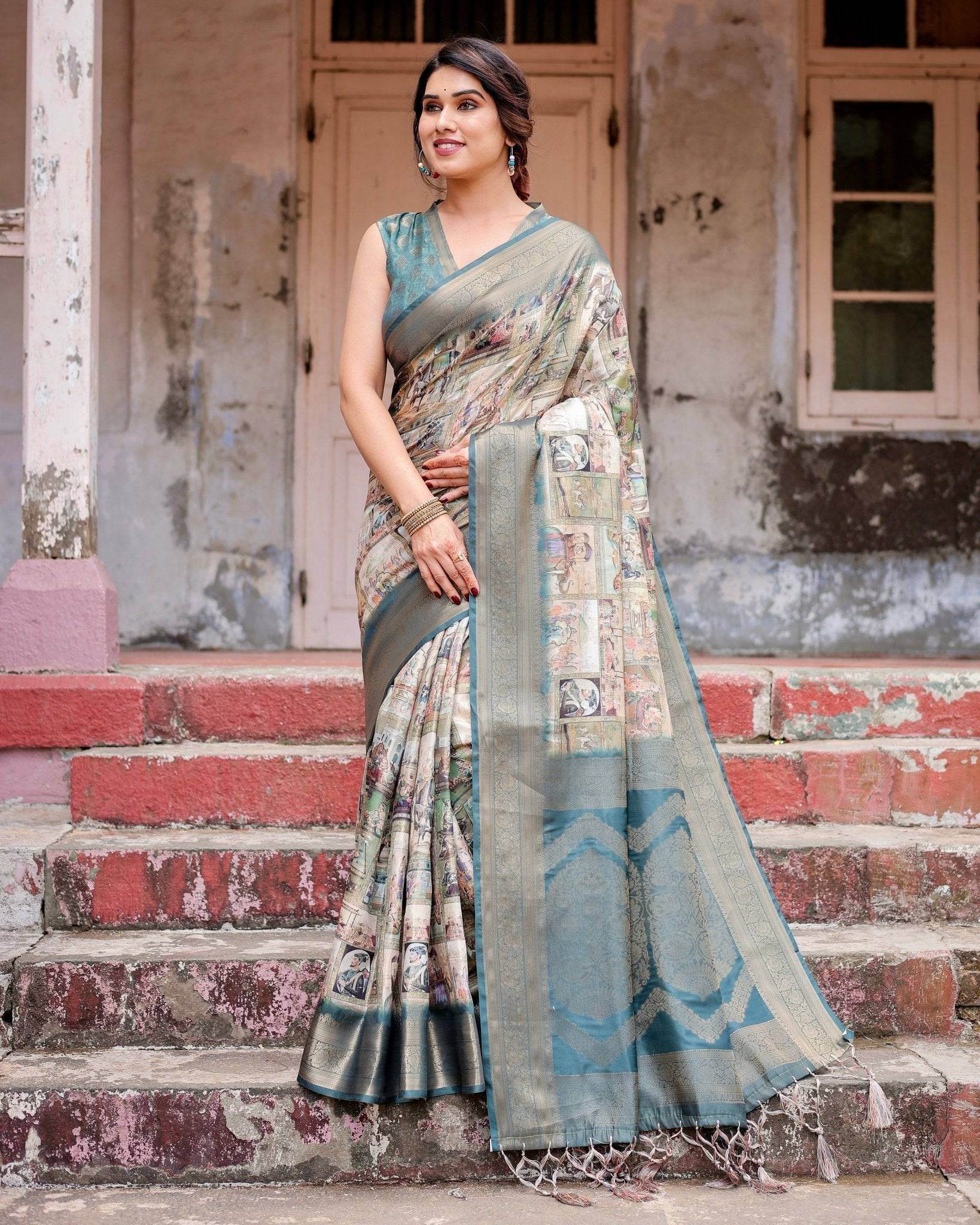 Graceful Teal Banarasi Silk Saree with Digital Vintage Prints and Zari Weaving - SEEANS