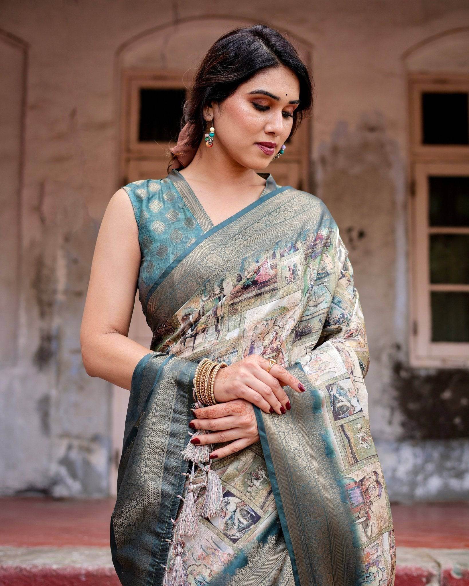 Graceful Teal Banarasi Silk Saree with Digital Vintage Prints and Zari Weaving - SEEANS