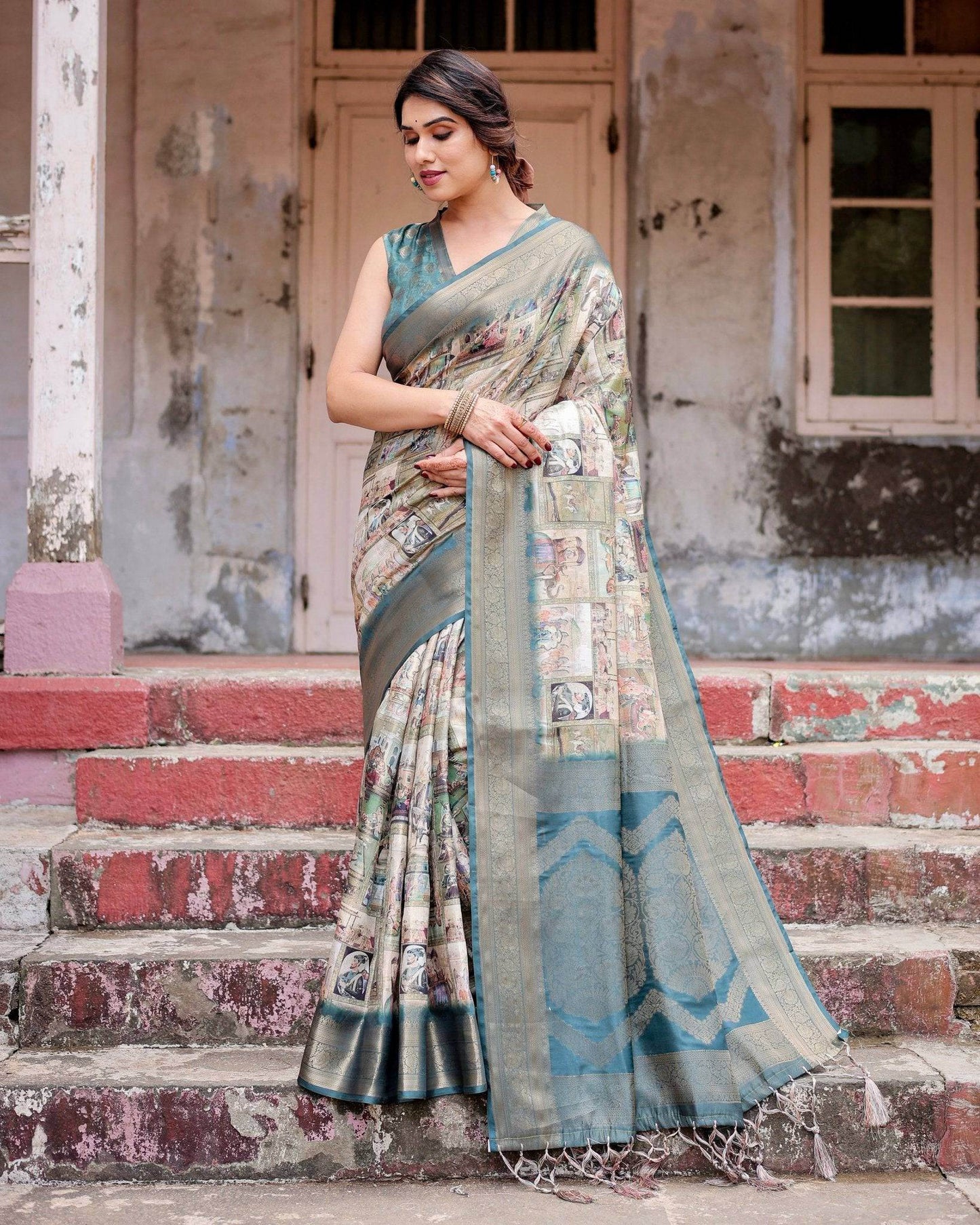 Graceful Teal Banarasi Silk Saree with Digital Vintage Prints and Zari Weaving - SEEANS