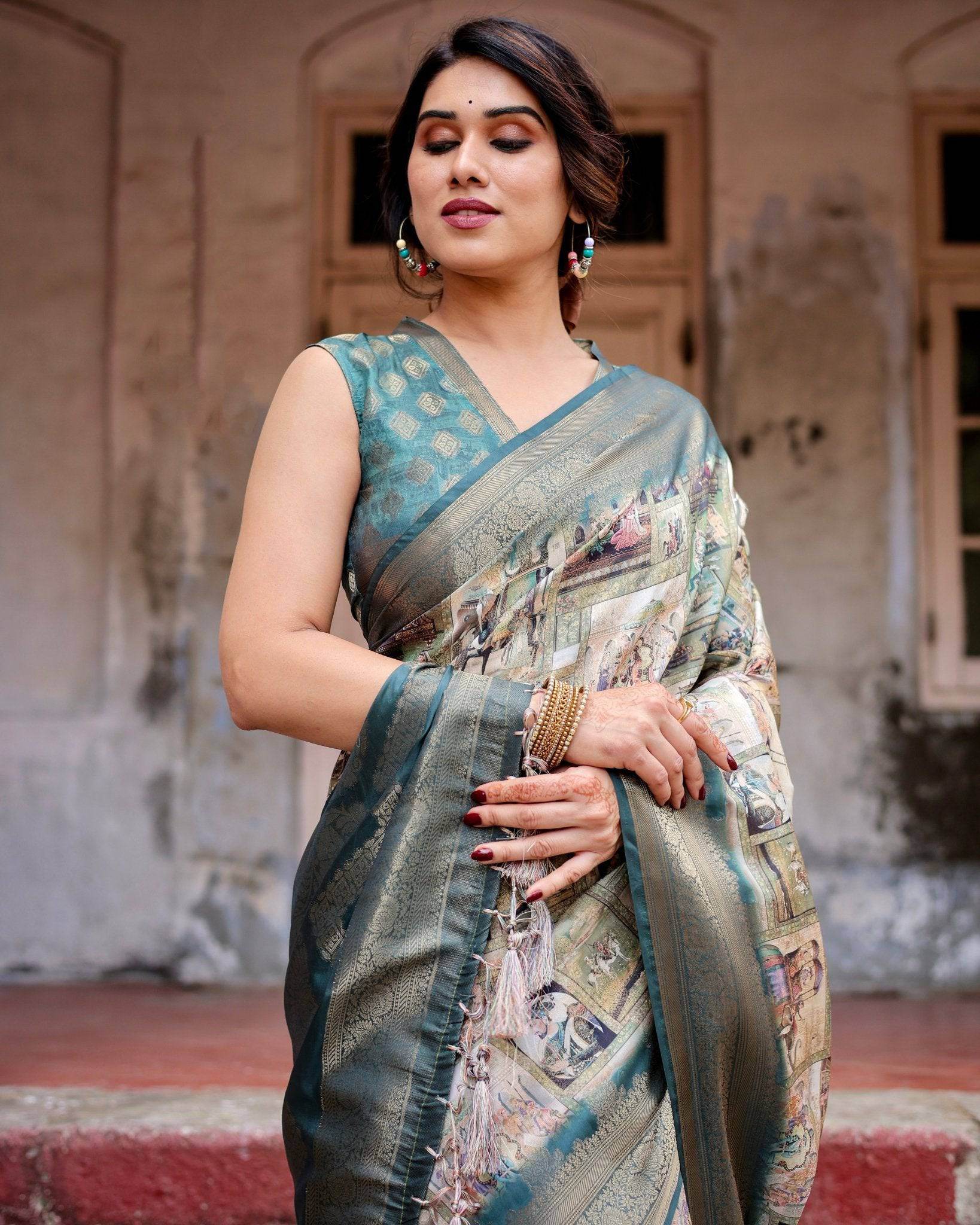 Graceful Teal Banarasi Silk Saree with Digital Vintage Prints and Zari Weaving - SEEANS