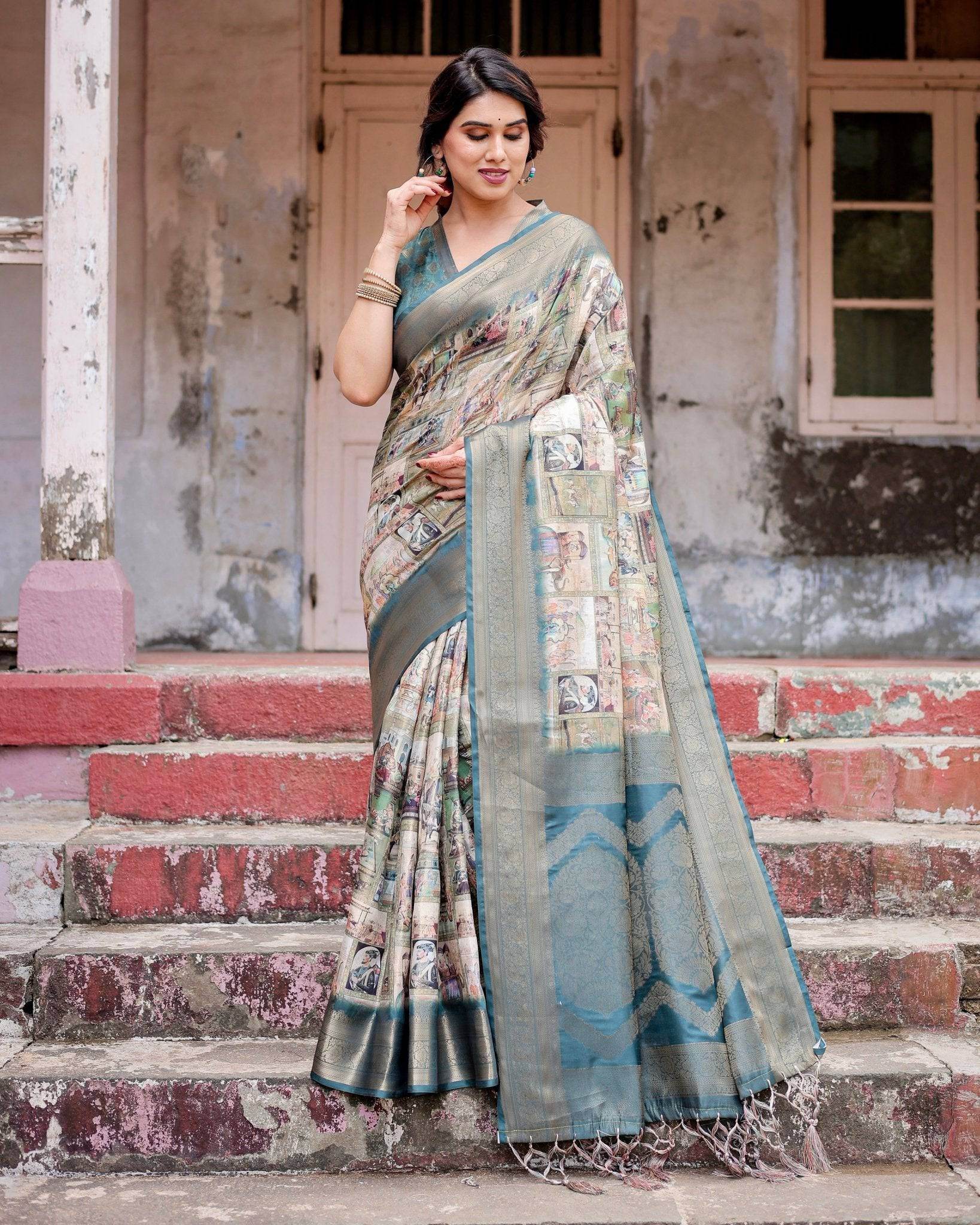 Graceful Teal Banarasi Silk Saree with Digital Vintage Prints and Zari Weaving - SEEANS