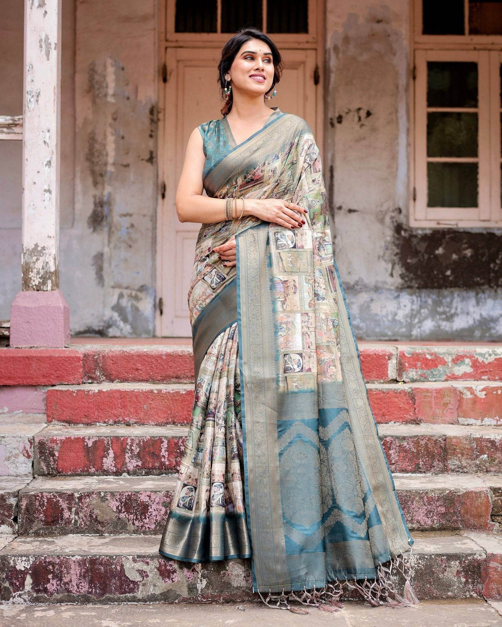 Graceful Teal Banarasi Silk Saree with Digital Vintage Prints and Zari Weaving - SEEANS