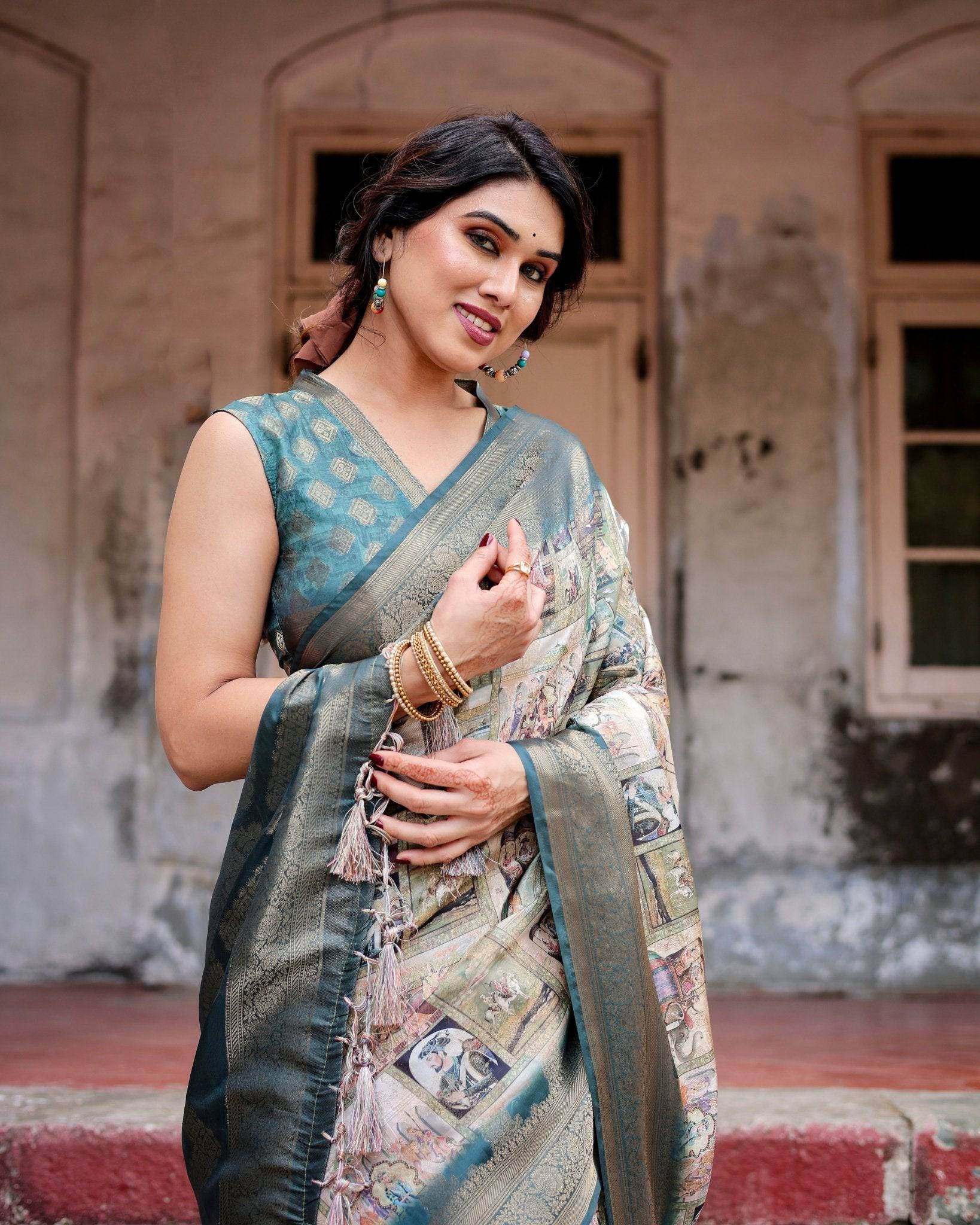 Graceful Teal Banarasi Silk Saree with Digital Vintage Prints and Zari Weaving - SEEANS