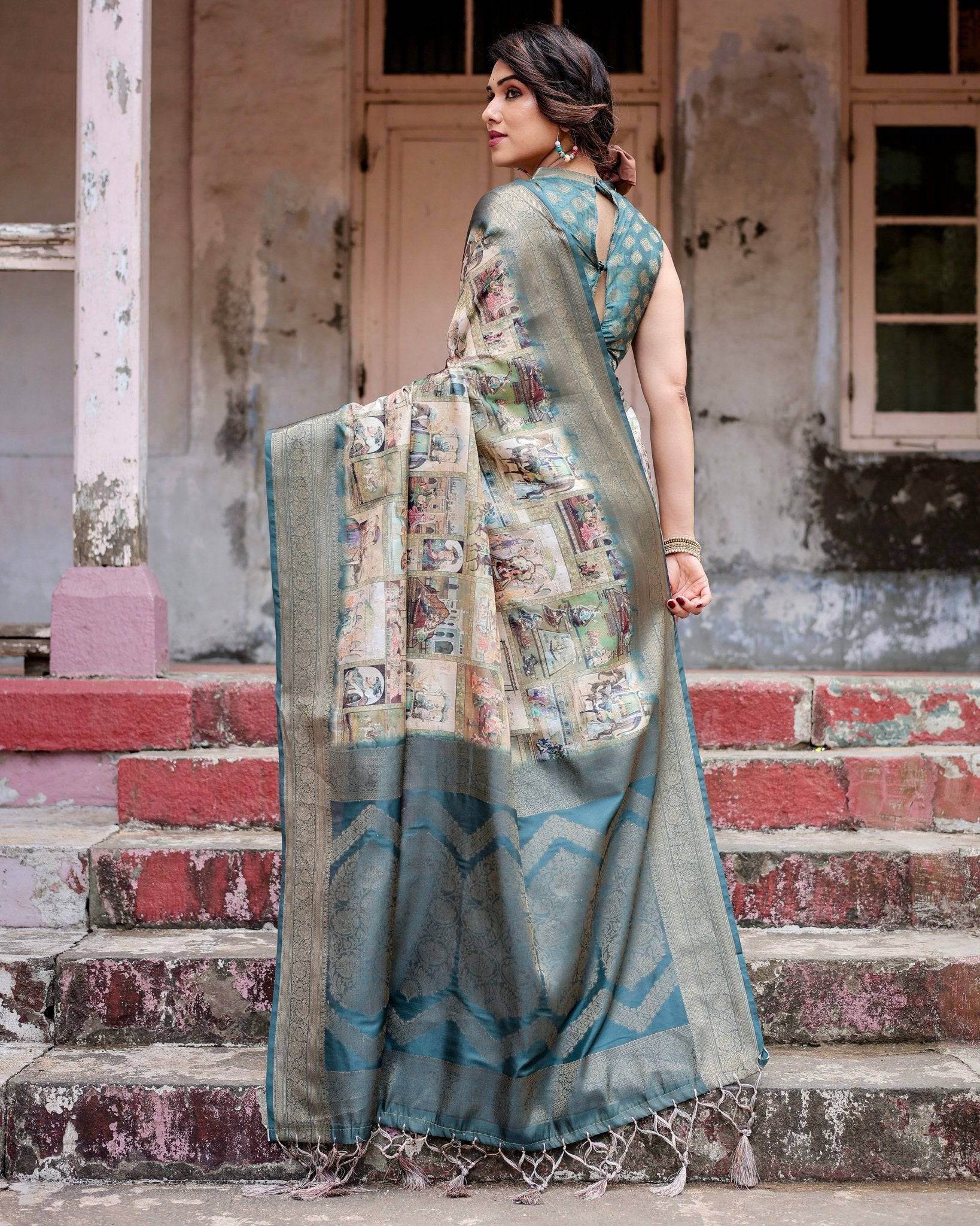 Graceful Teal Banarasi Silk Saree with Digital Vintage Prints and Zari Weaving - SEEANS