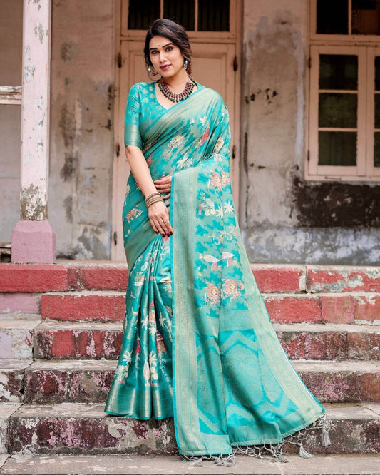 Elegant Teal Green Banarasi Silk Saree with Intricate Zari Weaving and Tassels - SEEANS