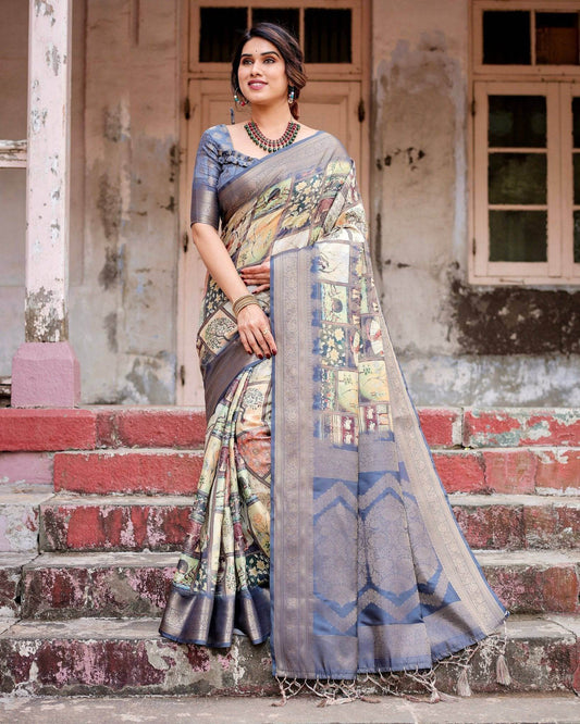 Banarasi Silk Saree in Beige with Multicolor Paisley and Floral Design - SEEANS