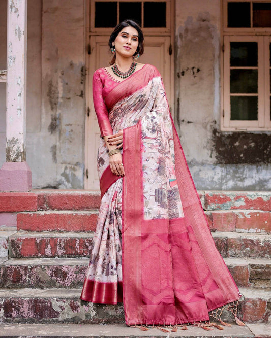 Graceful Fuchsia Pink Banarasi Silk Saree with Digital Forest Scenery Print & Zari Weave - SEEANS