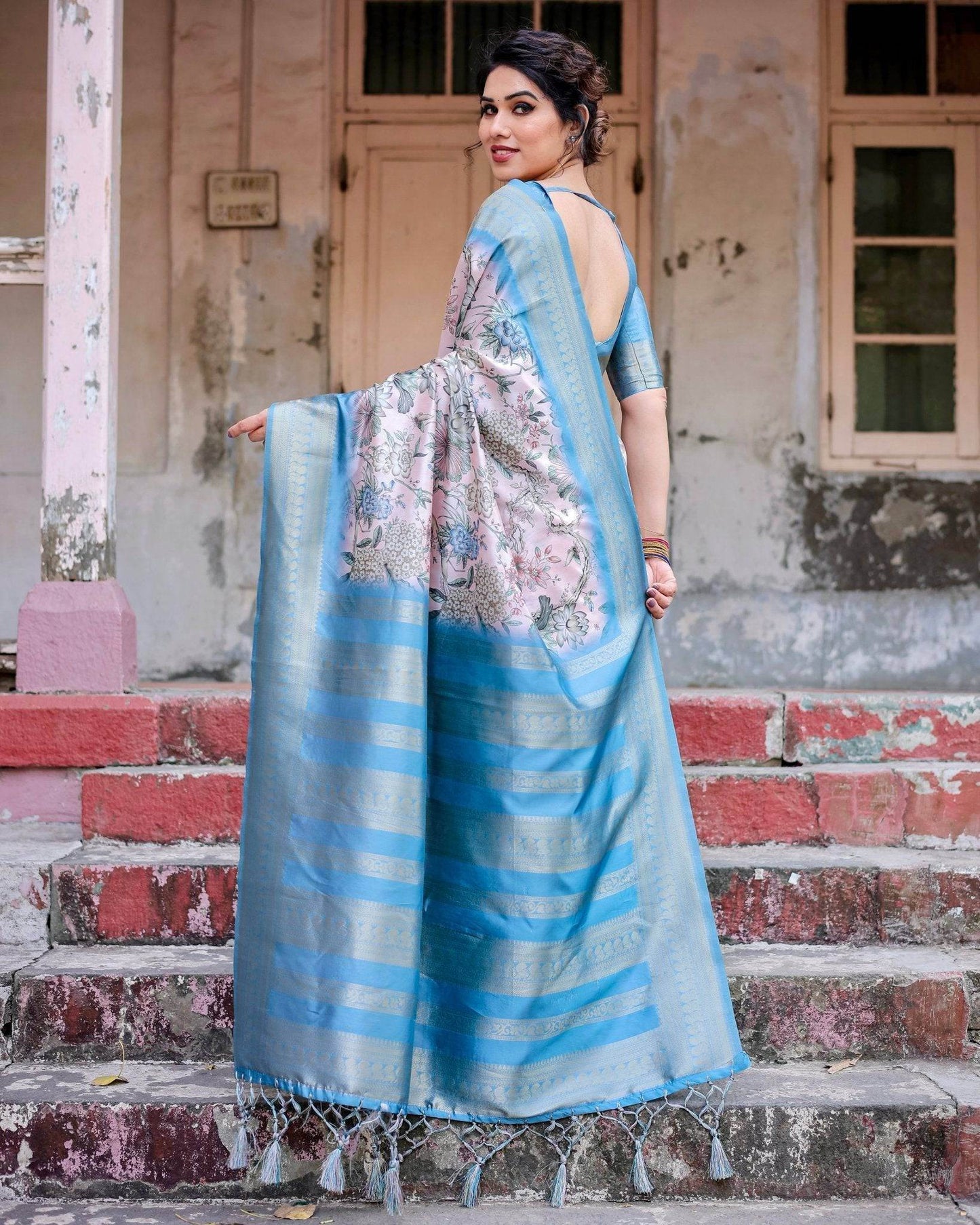 Elegant Floral Banarasi Silk Saree in Sky Blue and Blush Pink with Zari Weave and Tassels - SEEANS