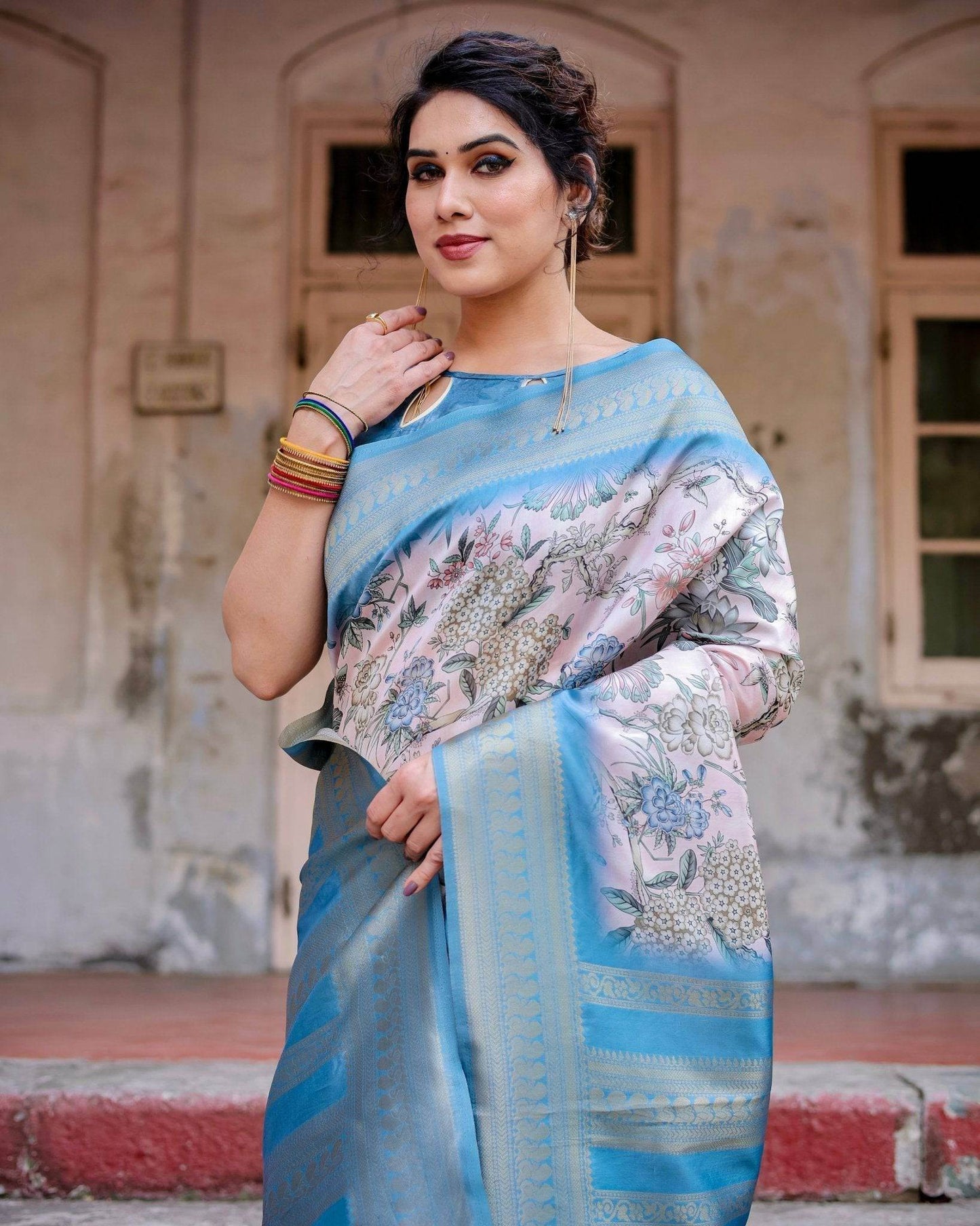 Elegant Floral Banarasi Silk Saree in Sky Blue and Blush Pink with Zari Weave and Tassels - SEEANS