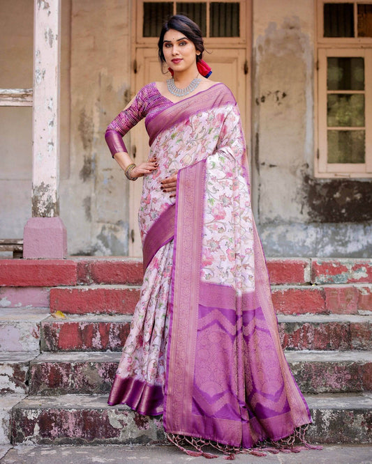 Graceful Lavender Banarasi Silk Saree with Floral Design and Zari Woven Border - SEEANS