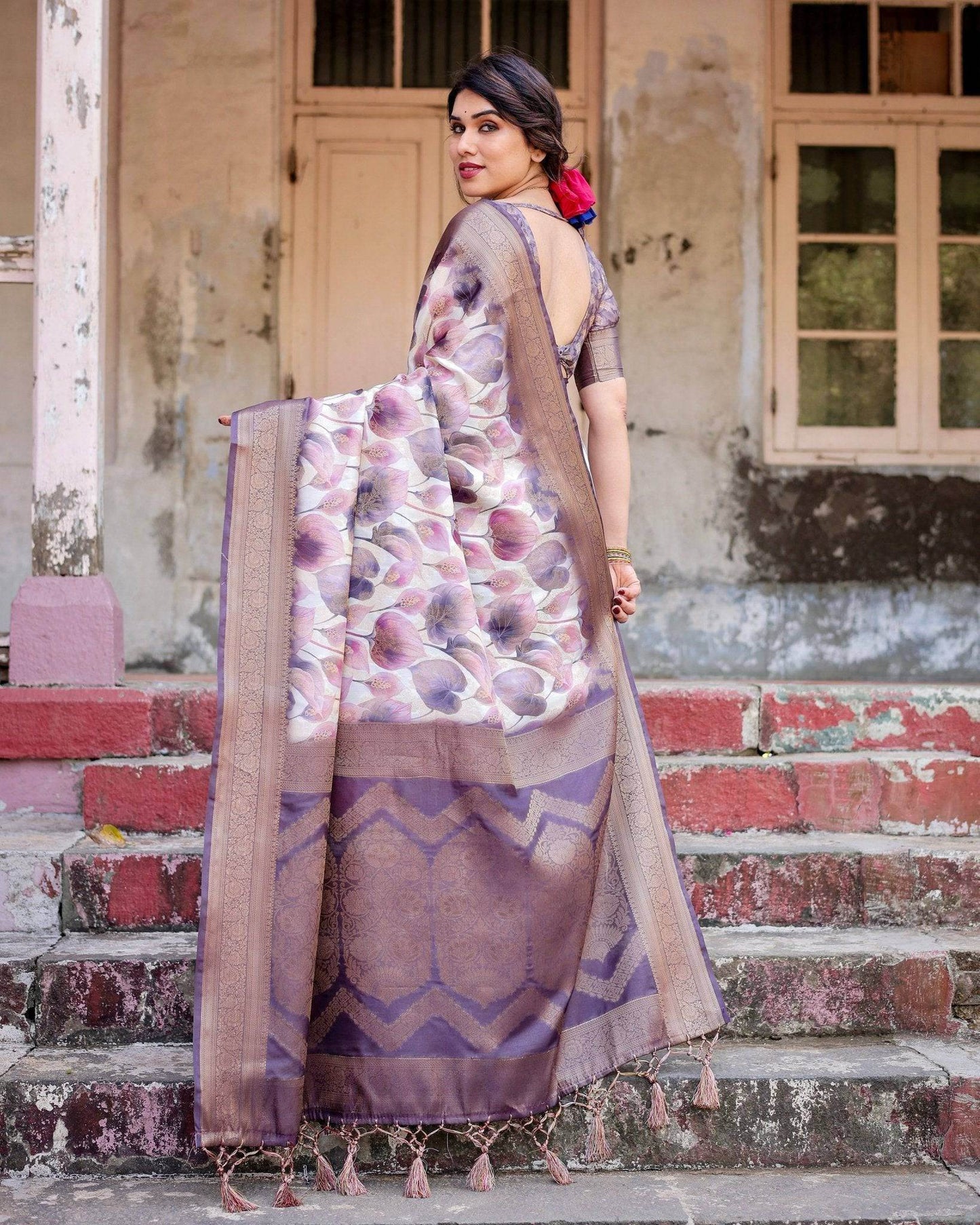 Elegant Purple Floral Banarasi Silk Saree with Intricate Zari Weave and Tassels - SEEANS