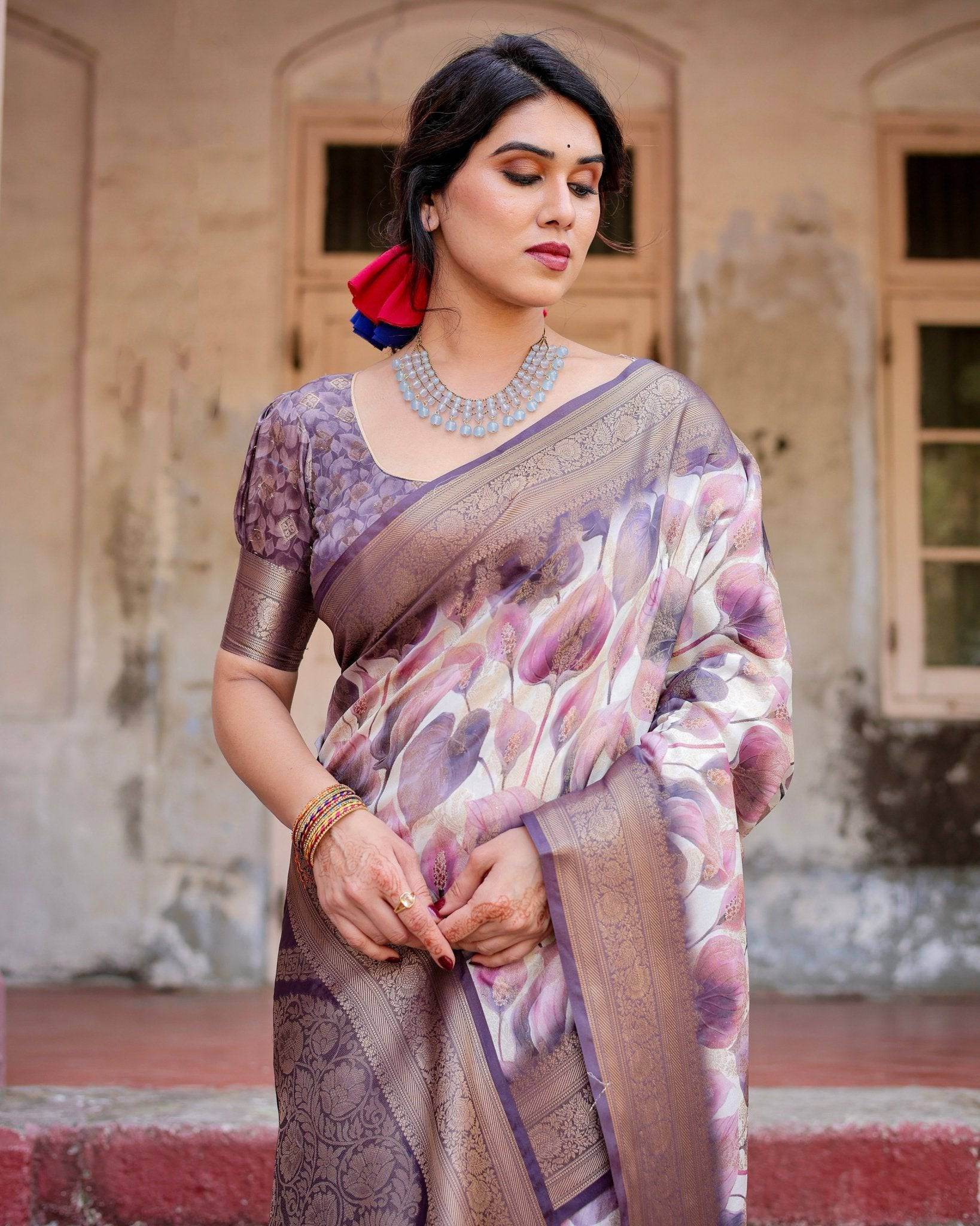 Elegant Purple Floral Banarasi Silk Saree with Intricate Zari Weave and Tassels - SEEANS