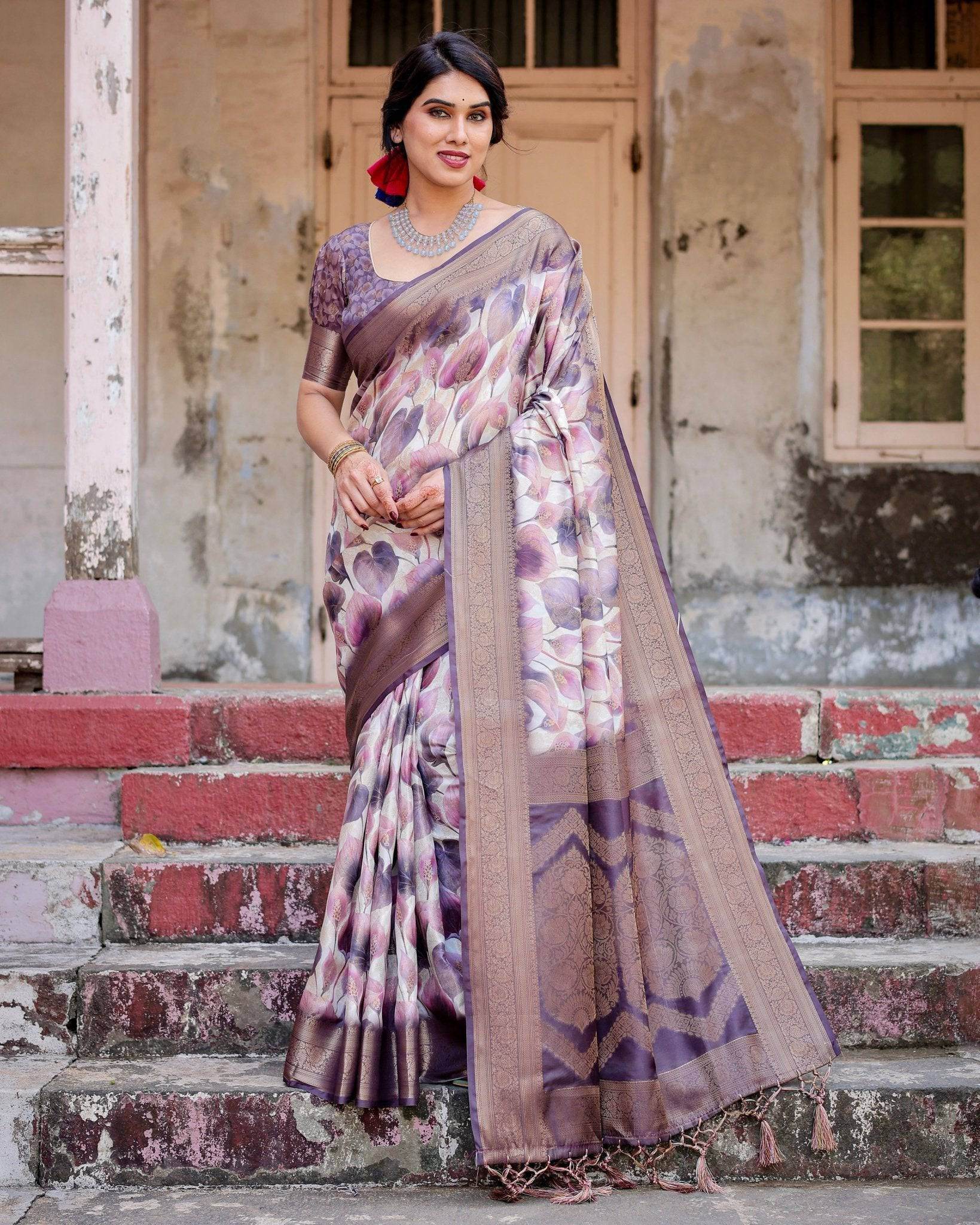 Elegant Purple Floral Banarasi Silk Saree with Intricate Zari Weave and Tassels - SEEANS