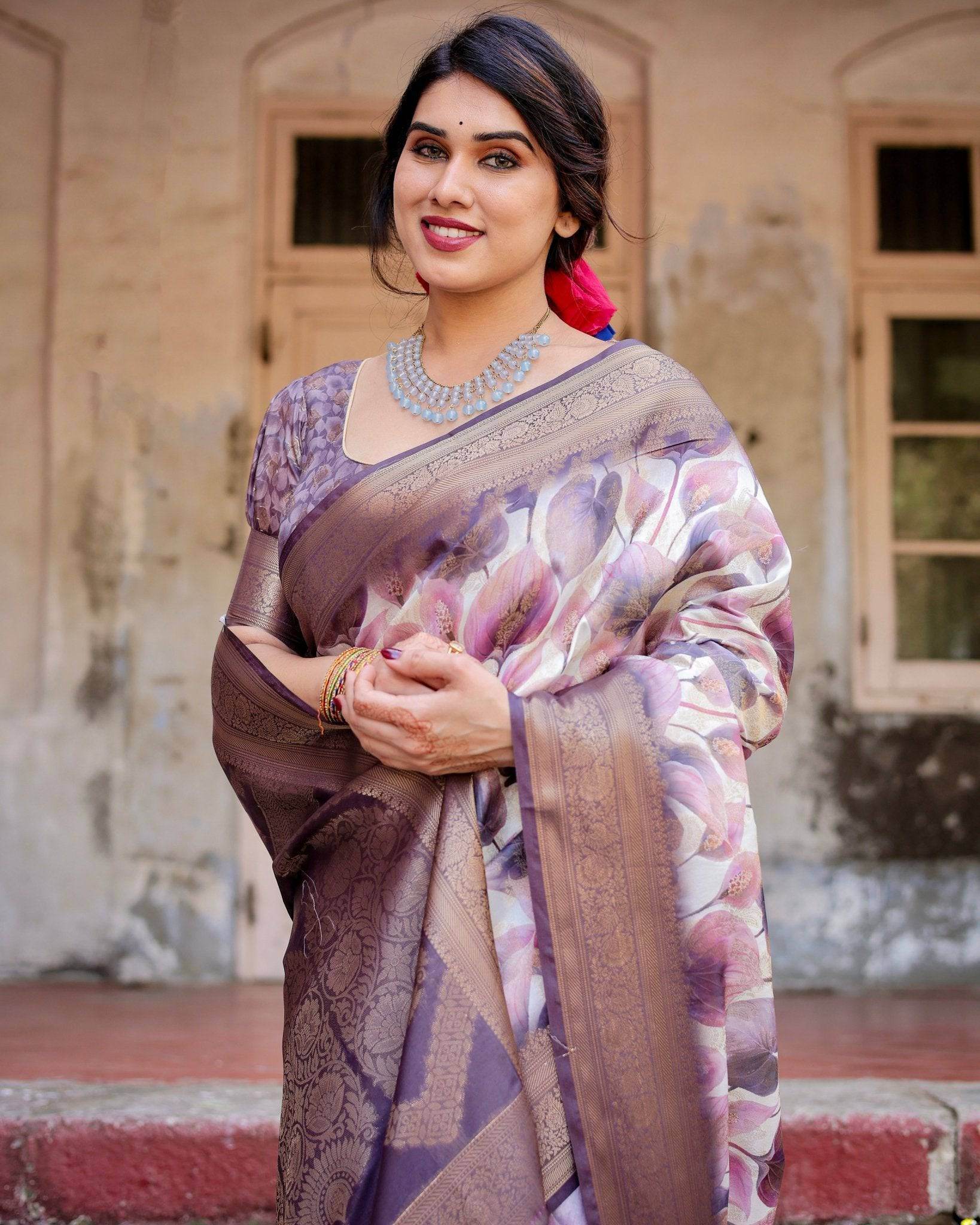 Elegant Purple Floral Banarasi Silk Saree with Intricate Zari Weave and Tassels - SEEANS