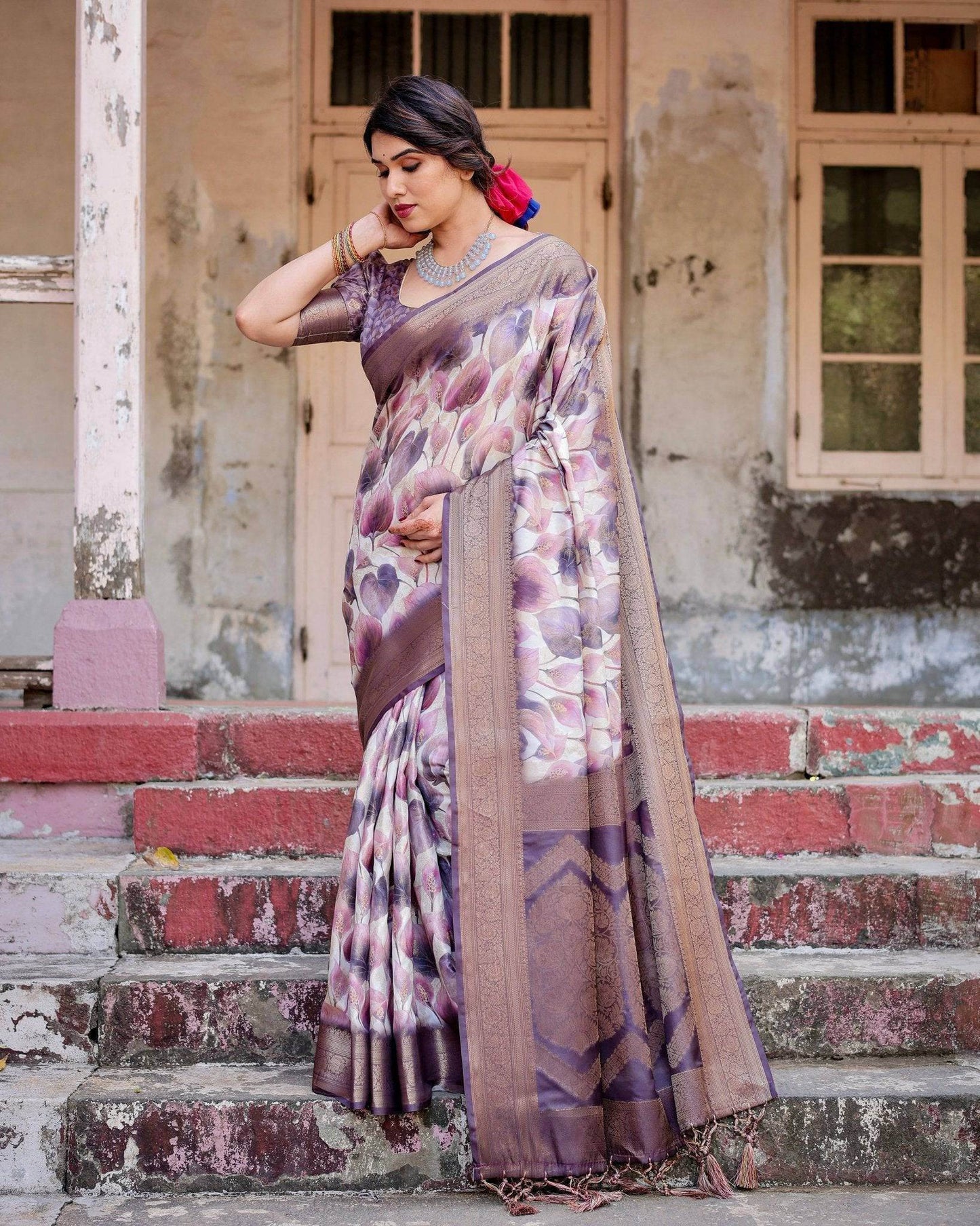 Elegant Purple Floral Banarasi Silk Saree with Intricate Zari Weave and Tassels - SEEANS