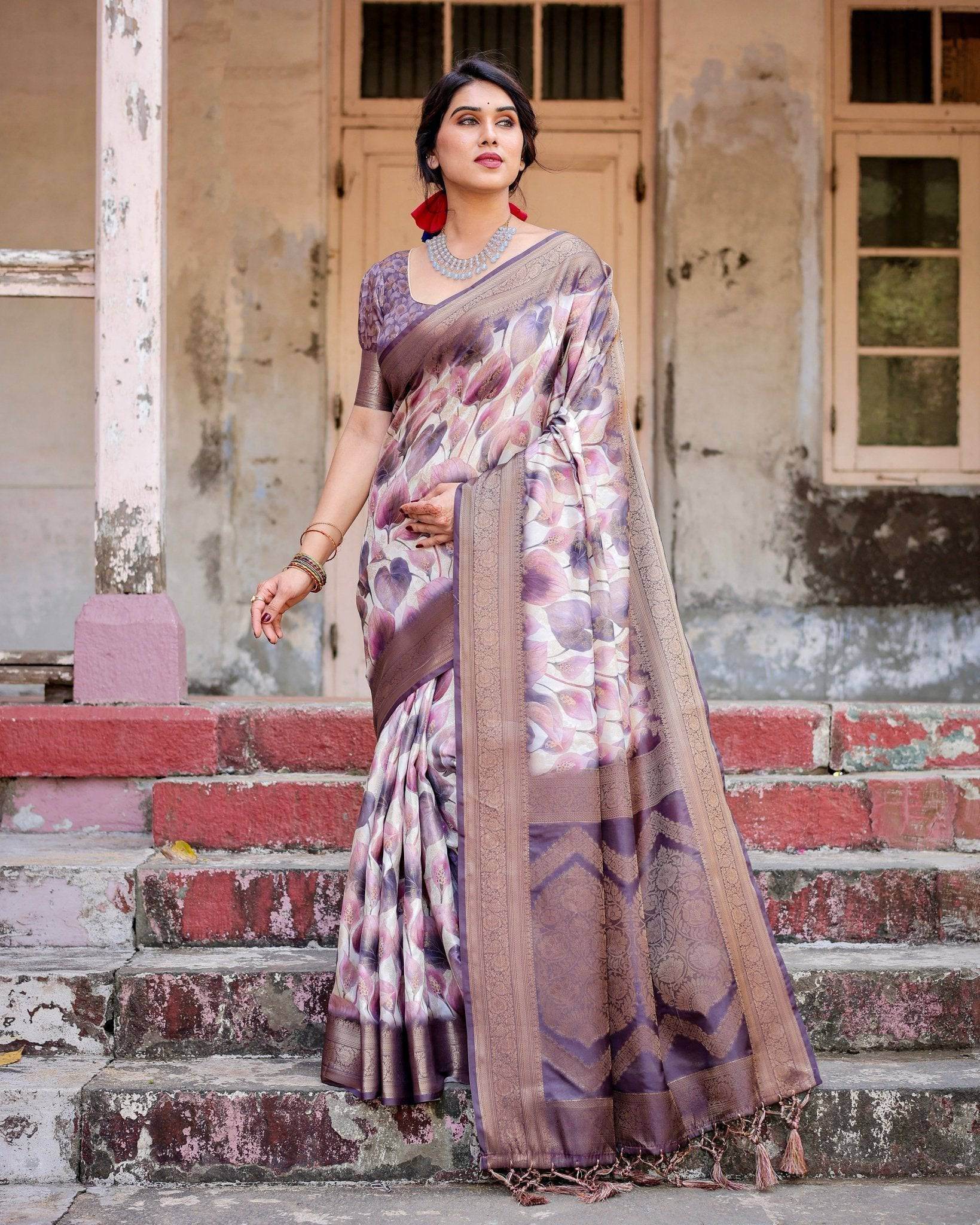 Elegant Purple Floral Banarasi Silk Saree with Intricate Zari Weave and Tassels - SEEANS