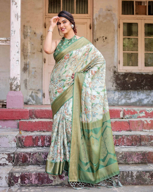 Timeless Green Banarasi Silk Saree with Zari Weaving and Tassels - SEEANS