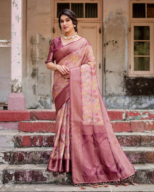 Elegant Pink Banarasi Silk Saree with Floral Zari Weaving and Tassel-Embellished Pallu - SEEANS