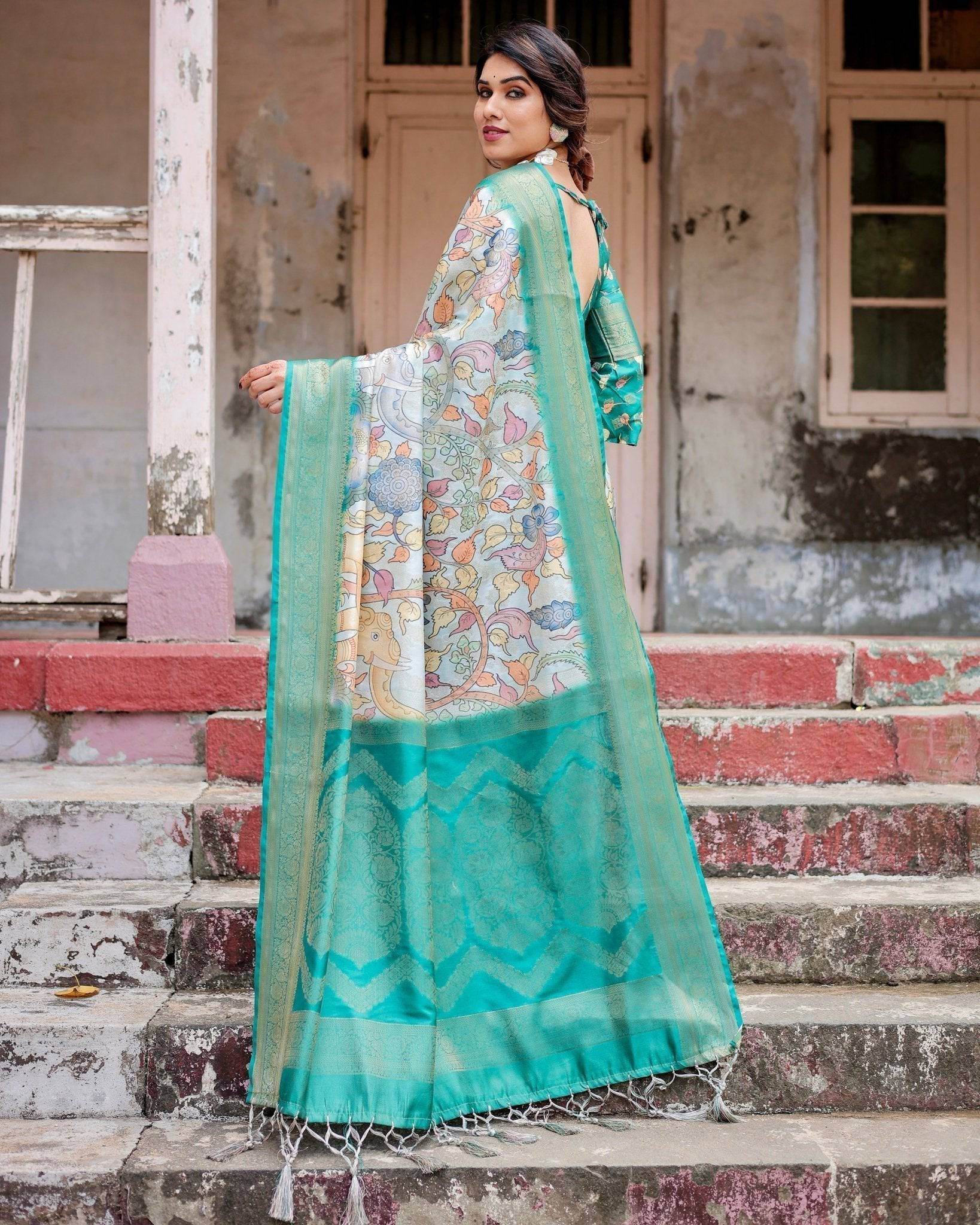 Graceful Green Banarasi Silk Saree with Vibrant Motifs and Zari Woven Pallu - SEEANS