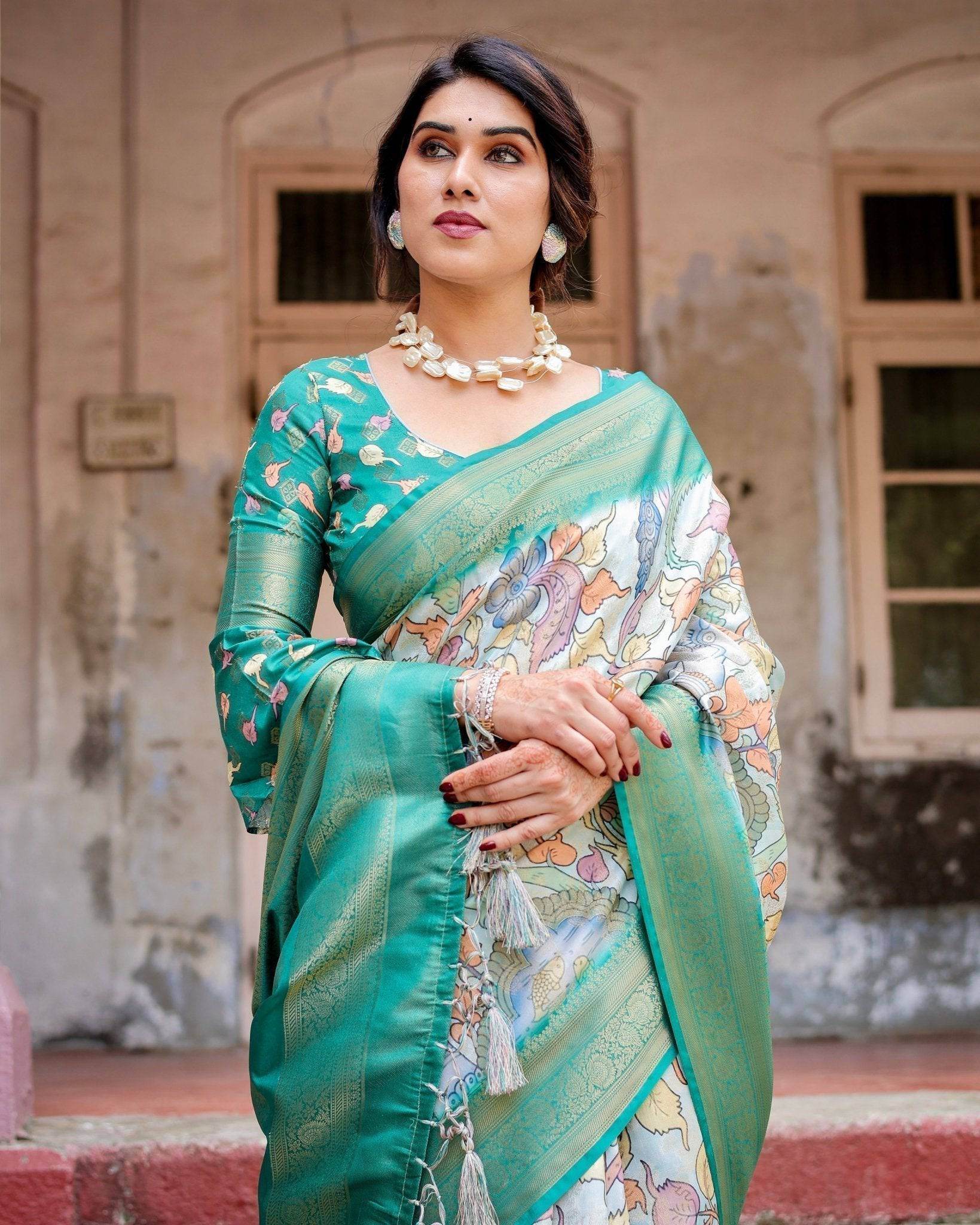 Graceful Green Banarasi Silk Saree with Vibrant Motifs and Zari Woven Pallu - SEEANS