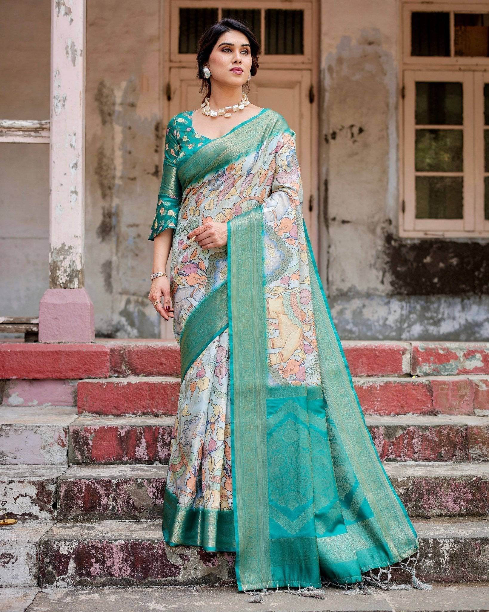 Graceful Green Banarasi Silk Saree with Vibrant Motifs and Zari Woven Pallu - SEEANS