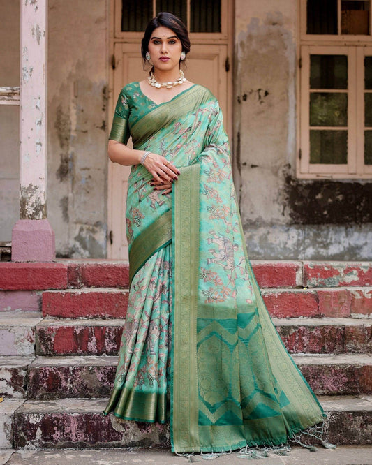 Graceful Green Banarasi Silk Saree with Intricate Floral and Elephant Weaves - SEEANS