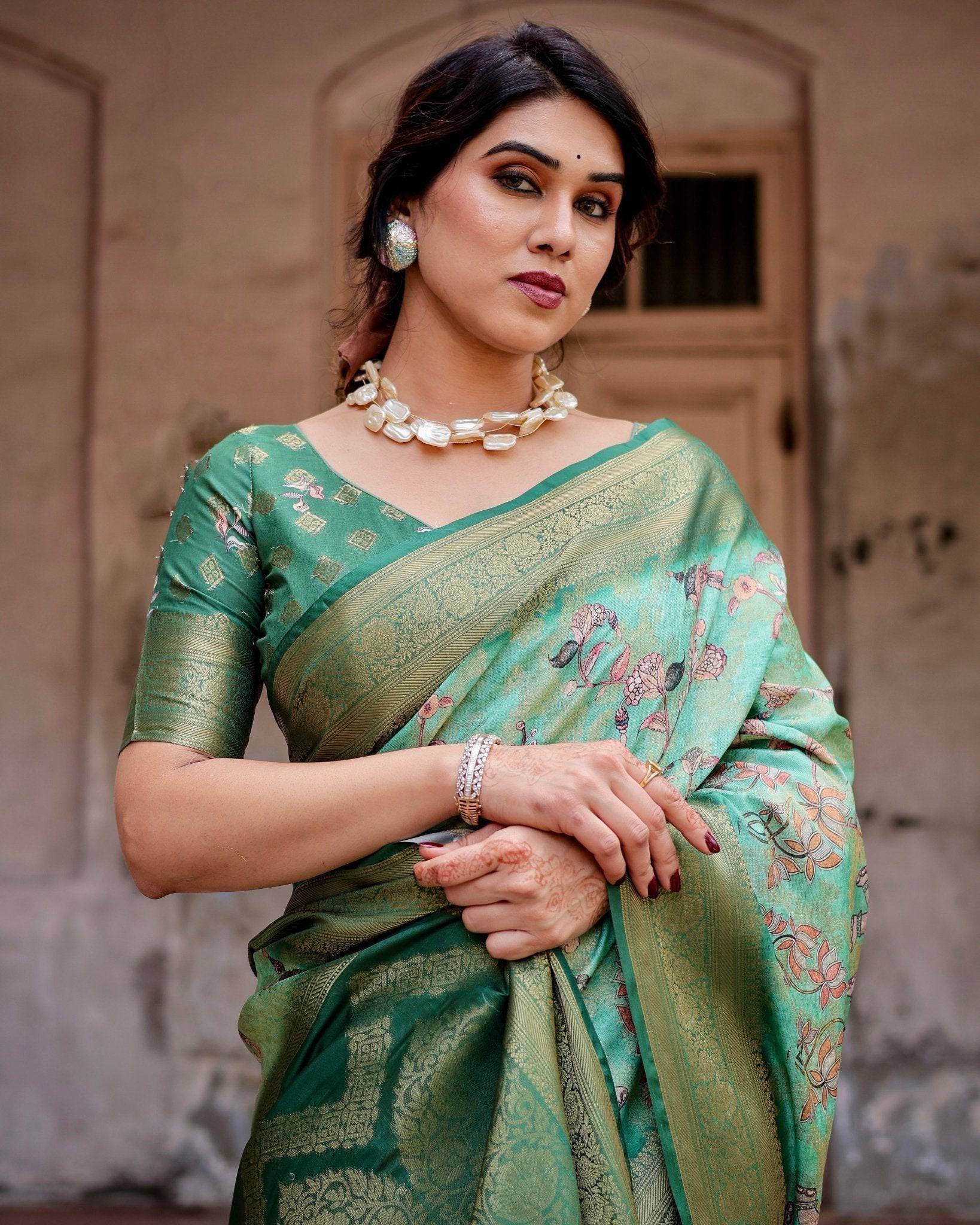 Graceful Green Banarasi Silk Saree with Intricate Floral and Elephant Weaves - SEEANS