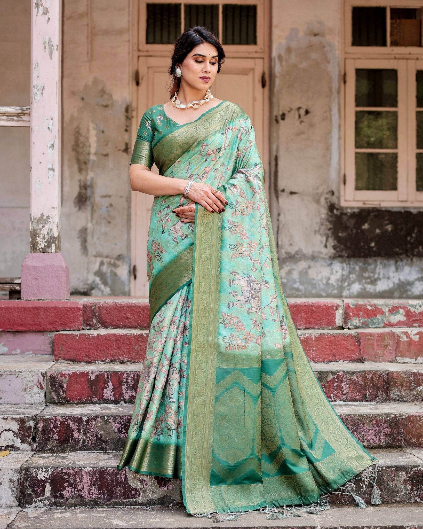 Graceful Green Banarasi Silk Saree with Intricate Floral and Elephant Weaves - SEEANS