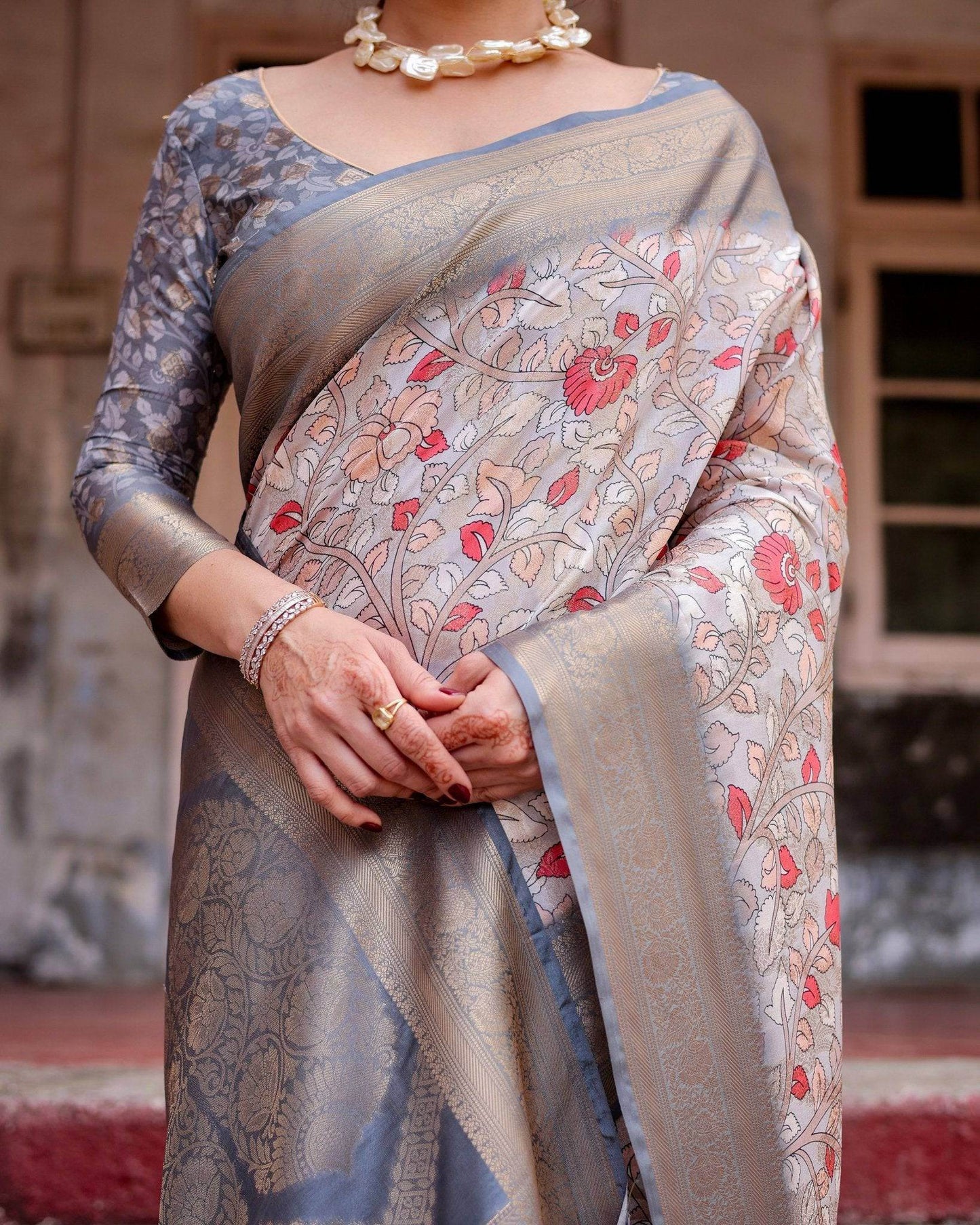 Elegant Grey Banarasi Silk Saree with Intricate Floral Design and Zari Weave - SEEANS