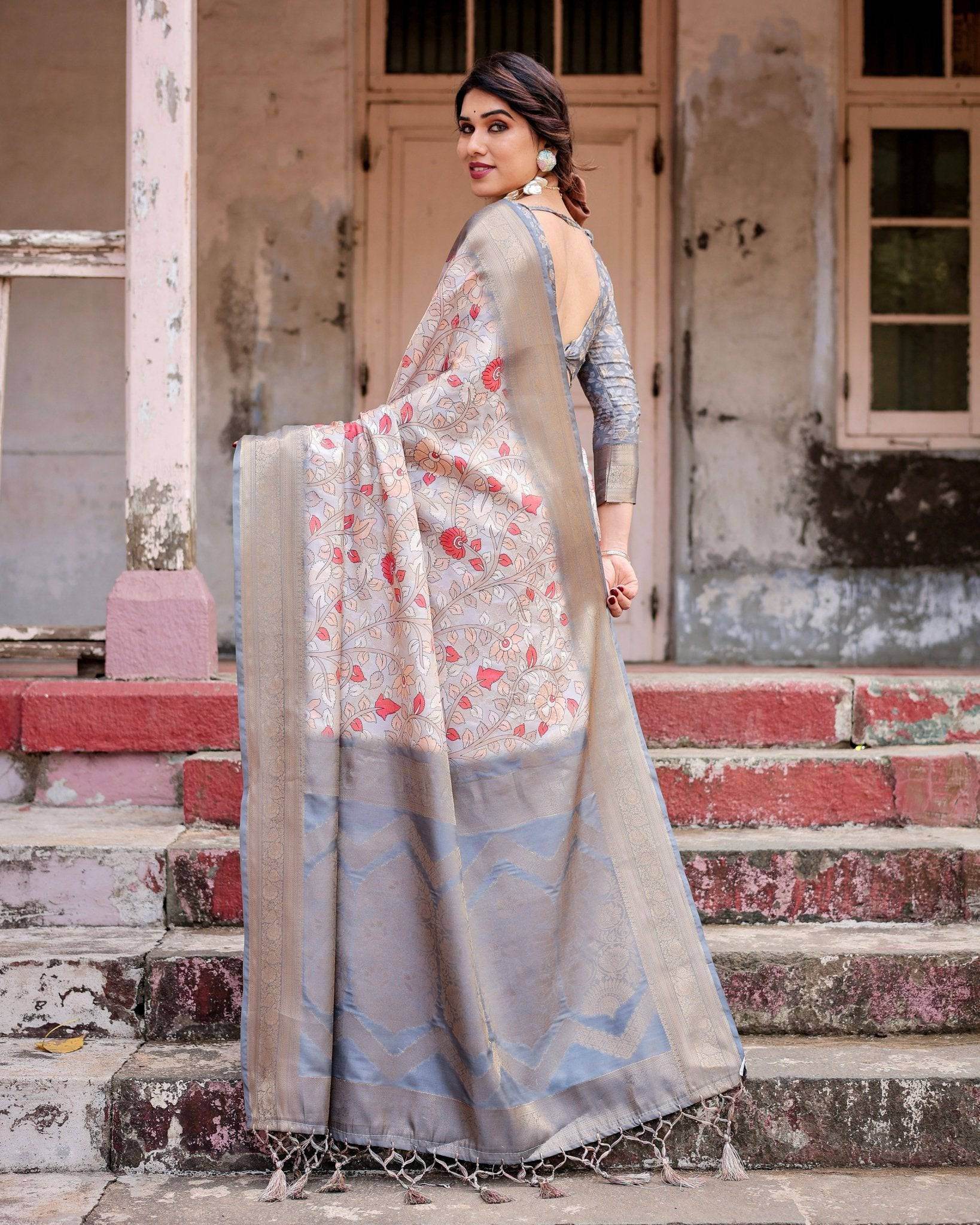 Elegant Grey Banarasi Silk Saree with Intricate Floral Design and Zari Weave - SEEANS