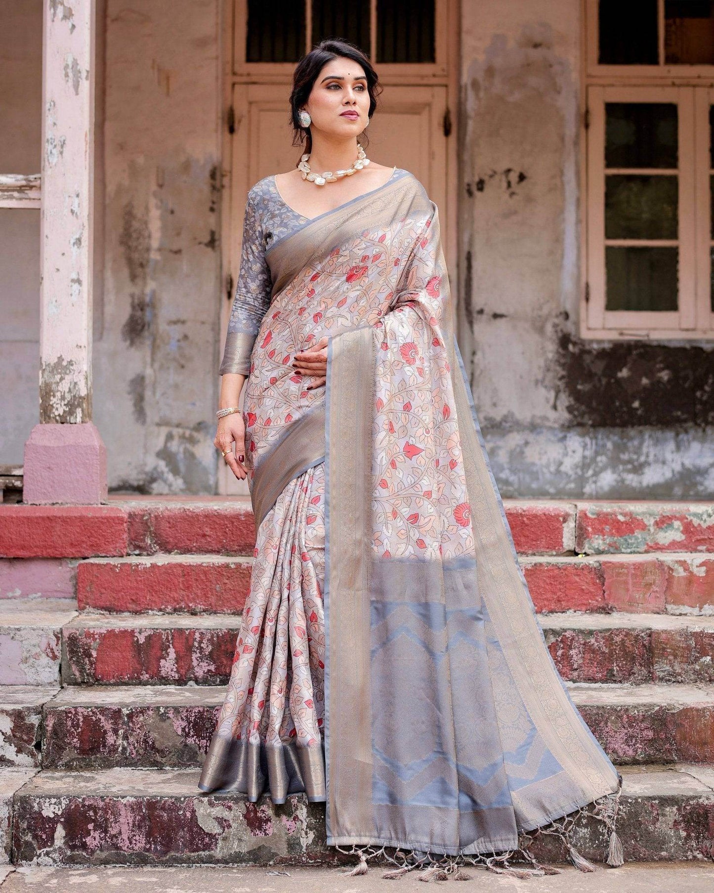 Elegant Grey Banarasi Silk Saree with Intricate Floral Design and Zari Weave - SEEANS