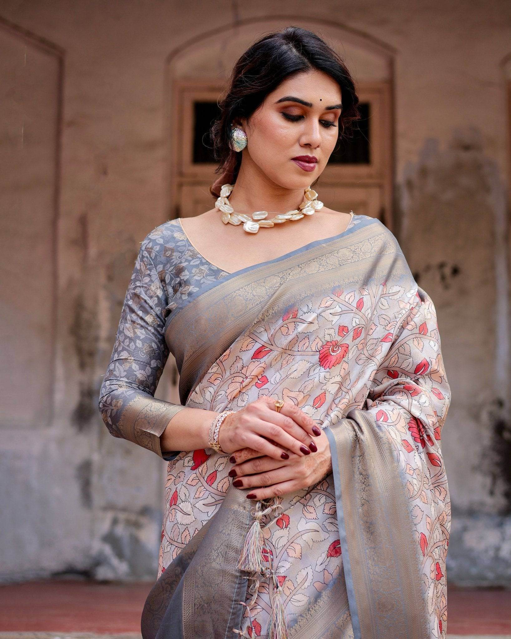 Elegant Grey Banarasi Silk Saree with Intricate Floral Design and Zari Weave - SEEANS