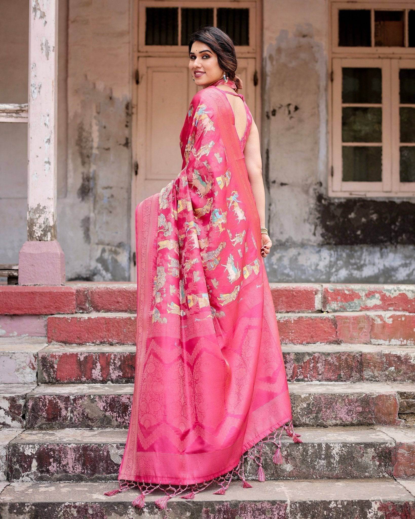 Regal Pink Banarasi Silk Saree with Zari Weave and Intricate Tassels - SEEANS