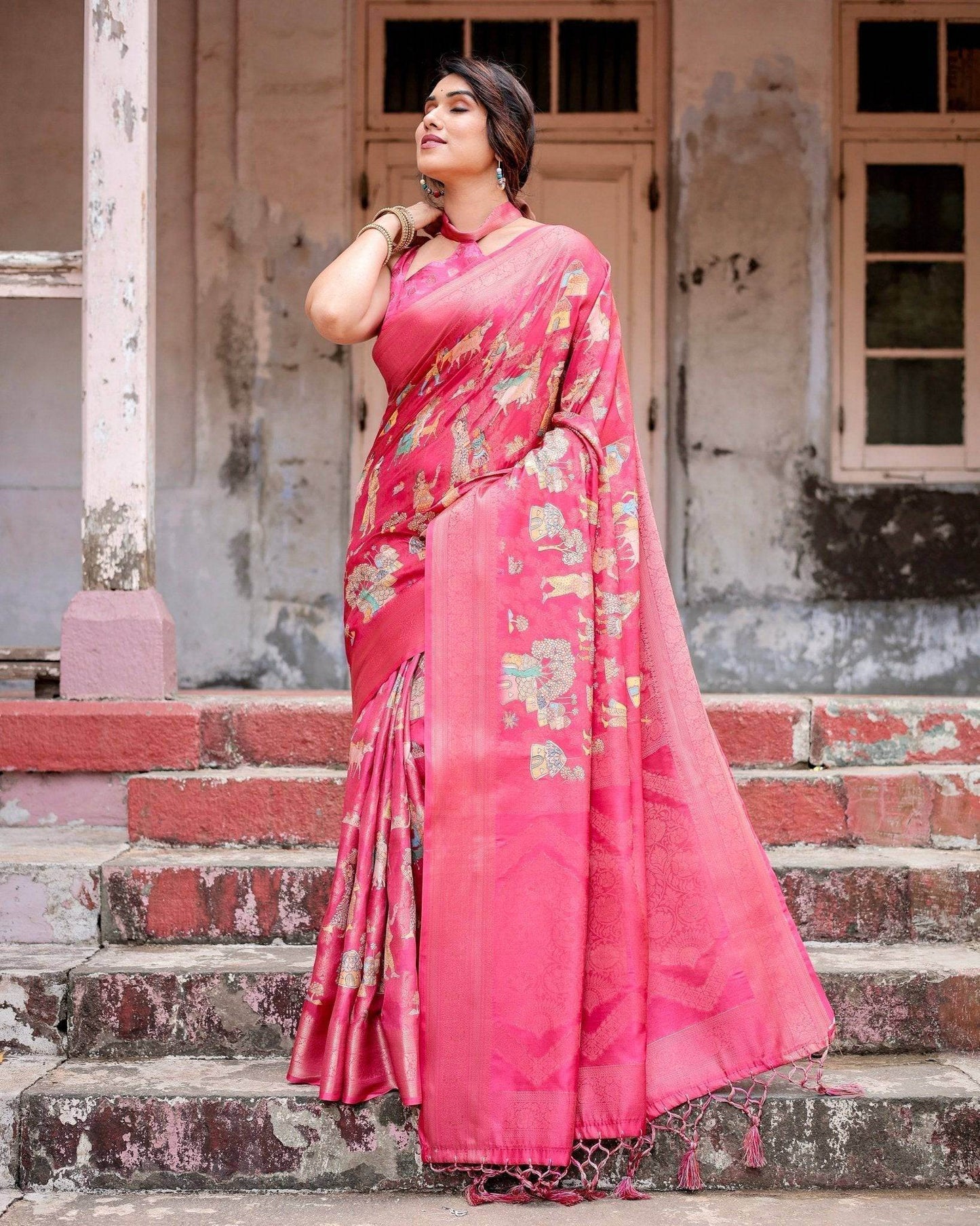 Regal Pink Banarasi Silk Saree with Zari Weave and Intricate Tassels - SEEANS