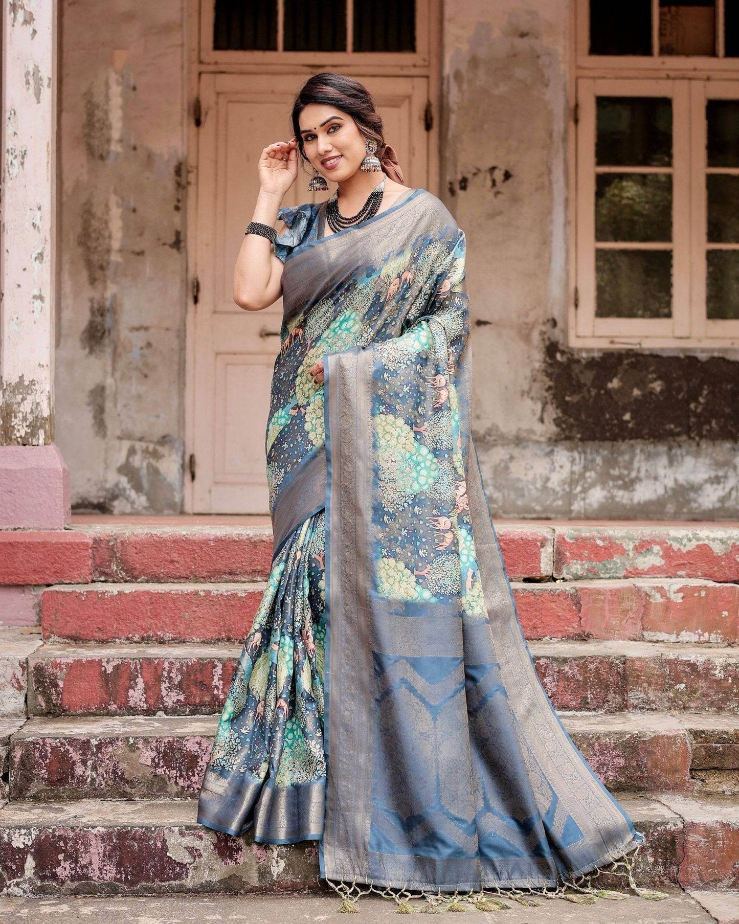 Graceful Navy Blue Banarasi Silk Saree with Nature-Inspired Digital Prints and Elegant Zari Woven Border - SEEANS