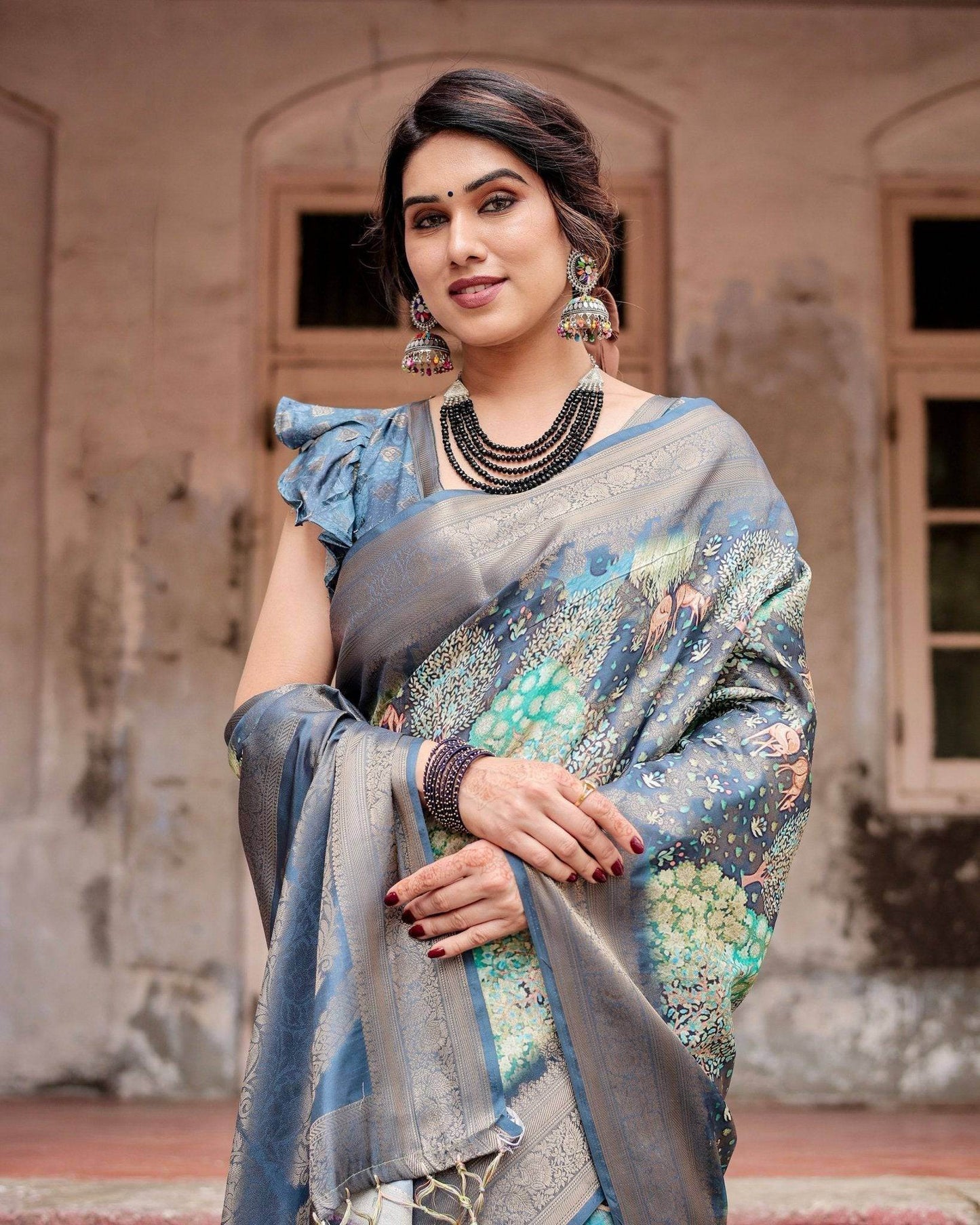 Graceful Navy Blue Banarasi Silk Saree with Nature-Inspired Digital Prints and Elegant Zari Woven Border - SEEANS