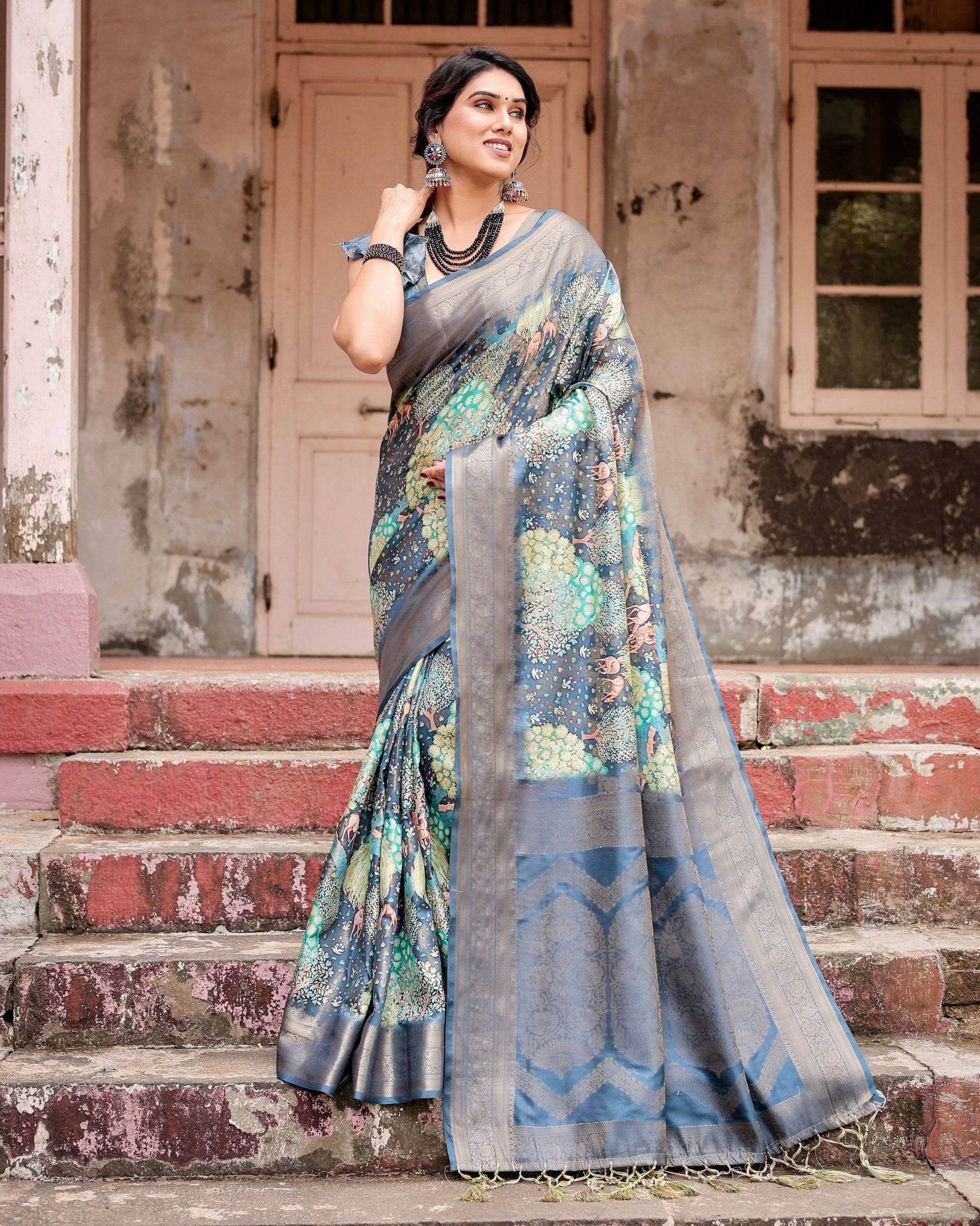 Graceful Navy Blue Banarasi Silk Saree with Nature-Inspired Digital Prints and Elegant Zari Woven Border - SEEANS