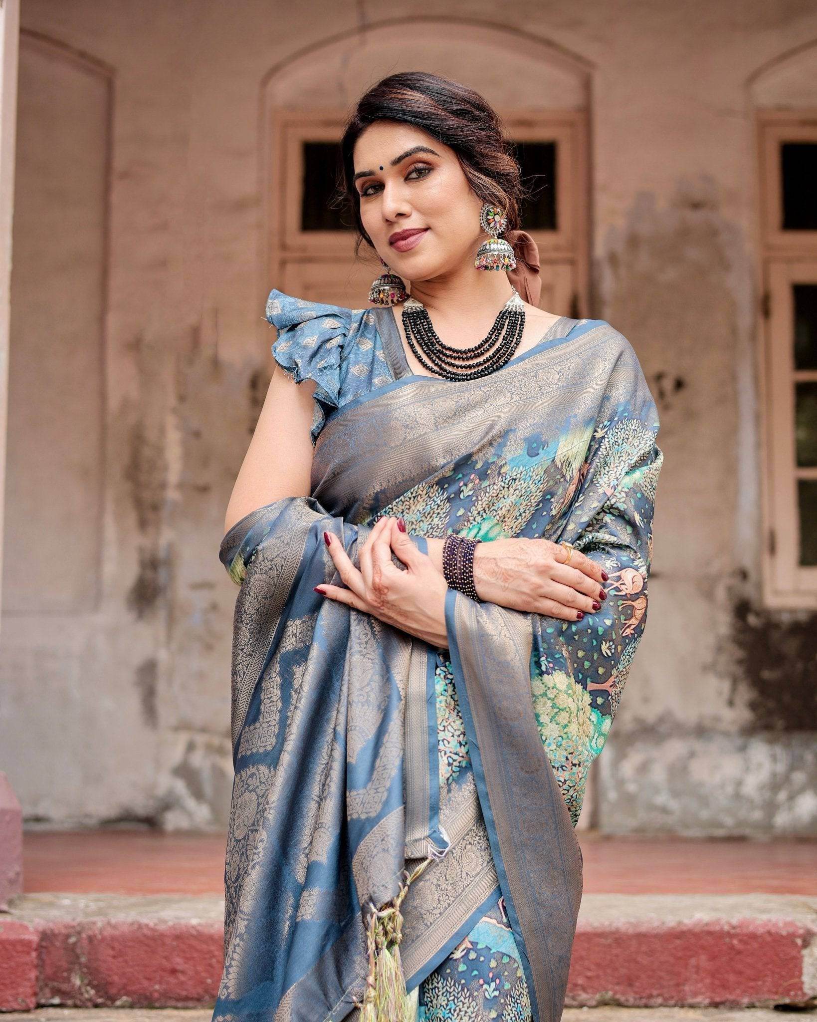 Graceful Navy Blue Banarasi Silk Saree with Nature-Inspired Digital Prints and Elegant Zari Woven Border - SEEANS