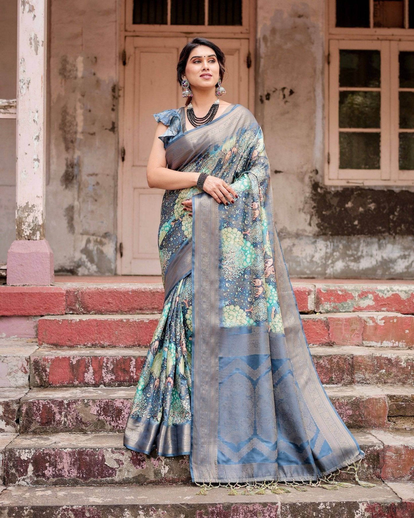 Graceful Navy Blue Banarasi Silk Saree with Nature-Inspired Digital Prints and Elegant Zari Woven Border - SEEANS