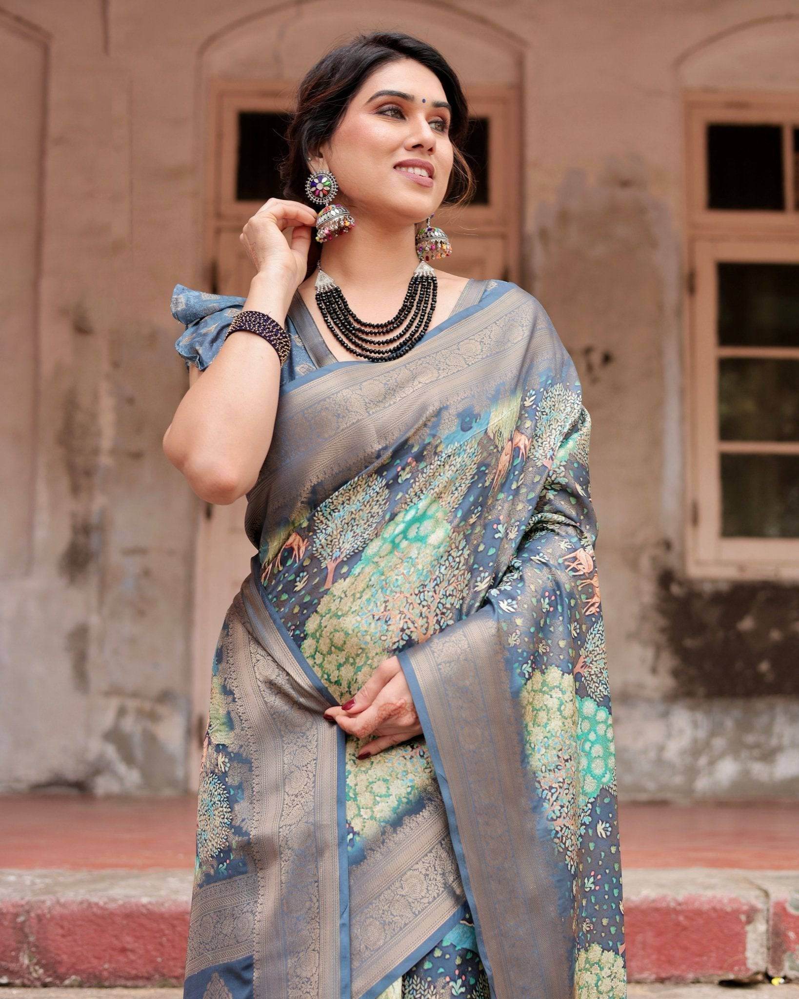 Graceful Navy Blue Banarasi Silk Saree with Nature-Inspired Digital Prints and Elegant Zari Woven Border - SEEANS