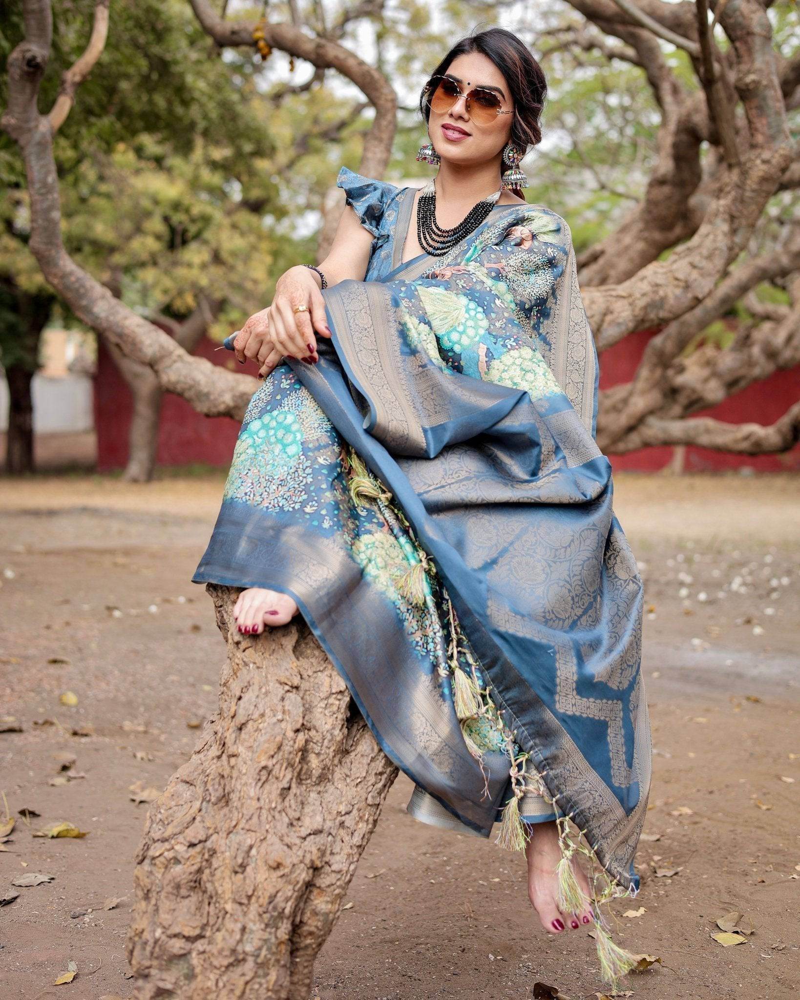 Graceful Navy Blue Banarasi Silk Saree with Nature-Inspired Digital Prints and Elegant Zari Woven Border - SEEANS