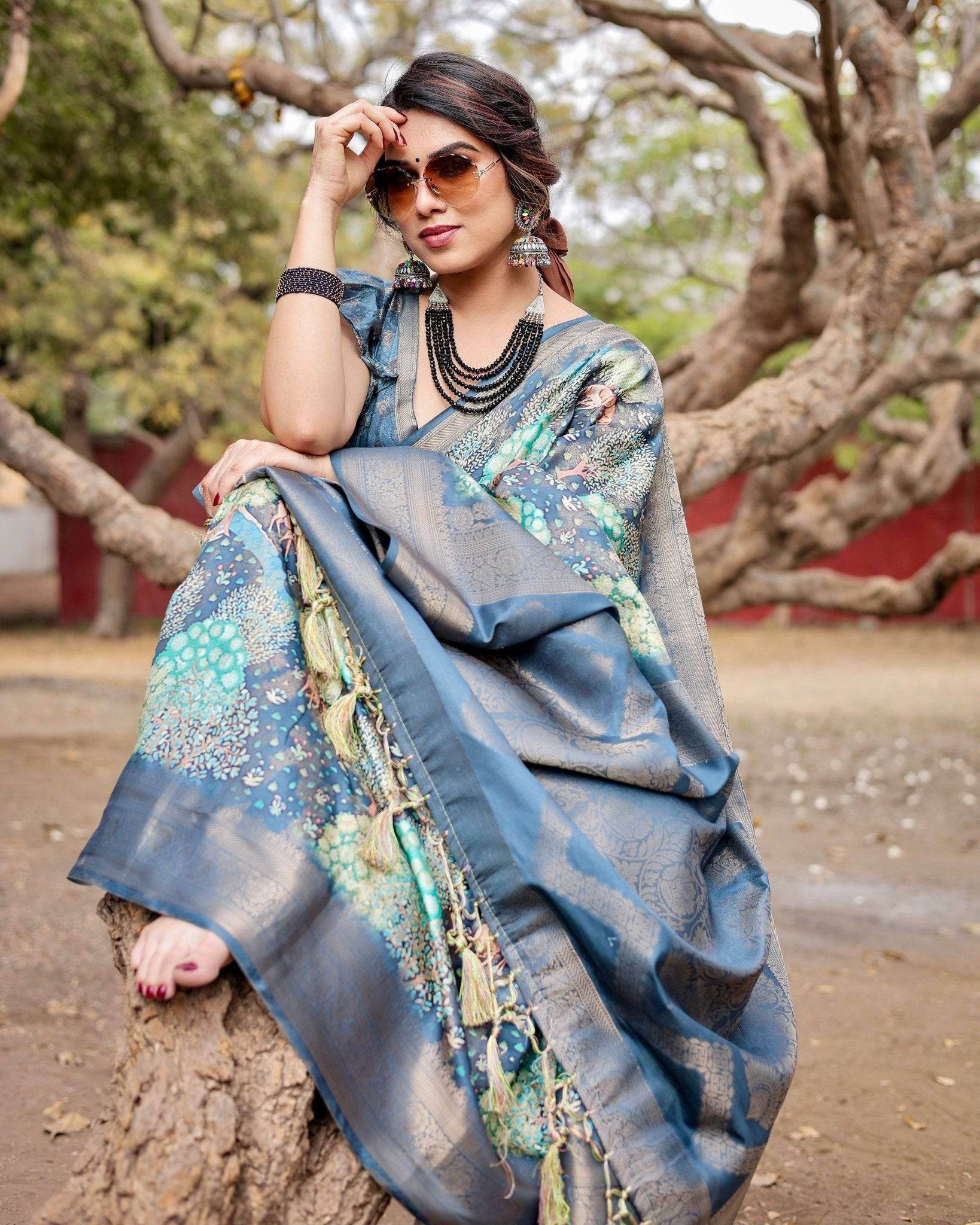 Graceful Navy Blue Banarasi Silk Saree with Nature-Inspired Digital Prints and Elegant Zari Woven Border - SEEANS