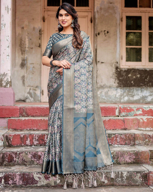 Elegant Blue and Grey Banarasi Silk Saree with Intricate Floral Patterns, Zari Woven Borders, and Tassel Accents - SEEANS