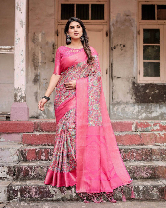 Elegant Pink Banarasi Silk Saree with Paisley Design, Zari Weaving, and Tassels - SEEANS