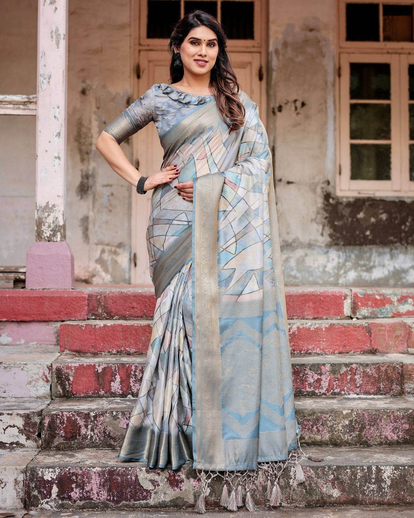 Elegant Pastel Blue Banarasi Silk Saree with Intricate Geometric Design and Zari Work Tassel Pallu - SEEANS