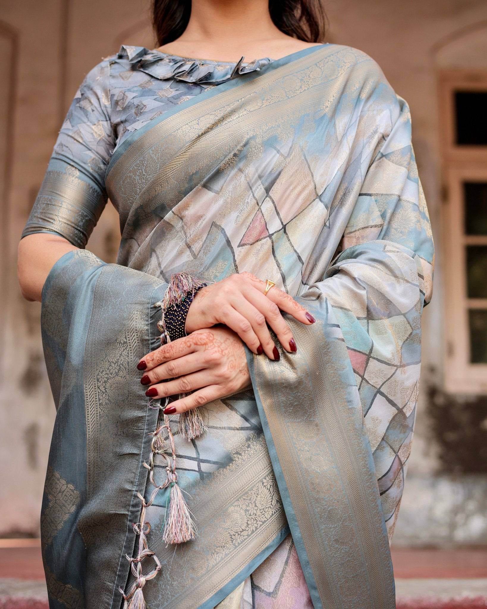 Elegant Pastel Blue Banarasi Silk Saree with Intricate Geometric Design and Zari Work Tassel Pallu - SEEANS