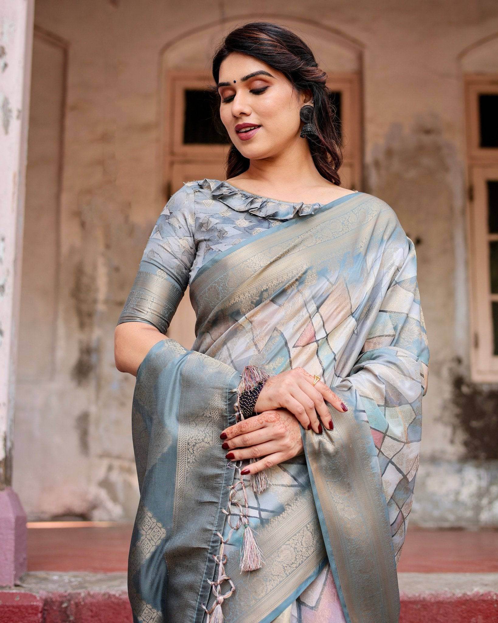 Elegant Pastel Blue Banarasi Silk Saree with Intricate Geometric Design and Zari Work Tassel Pallu - SEEANS